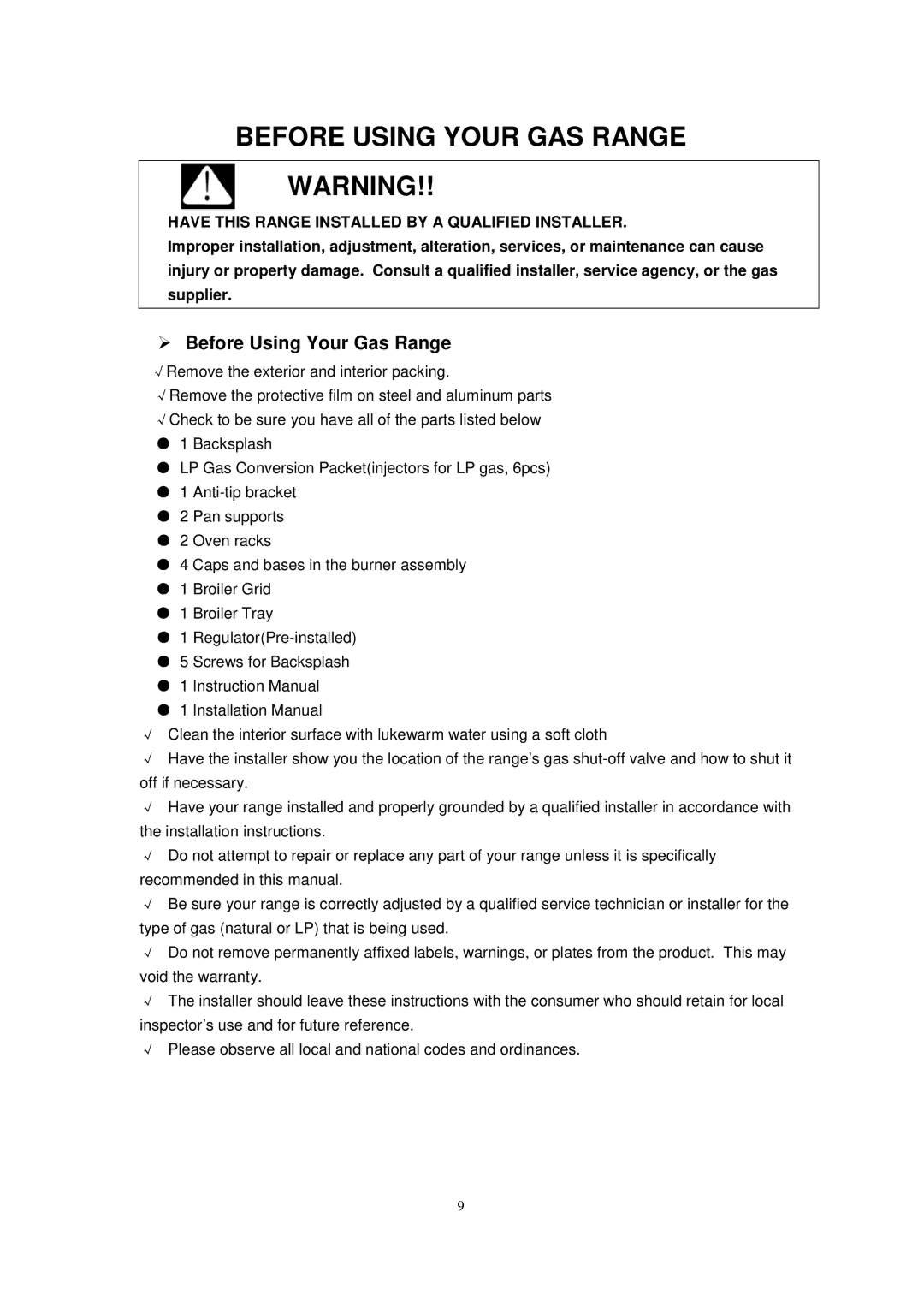 Avanti GR2012CB, GR2011CW, GR2013CSS manual Before Using Your GAS Range, Have this Range Installed by a Qualified Installer 