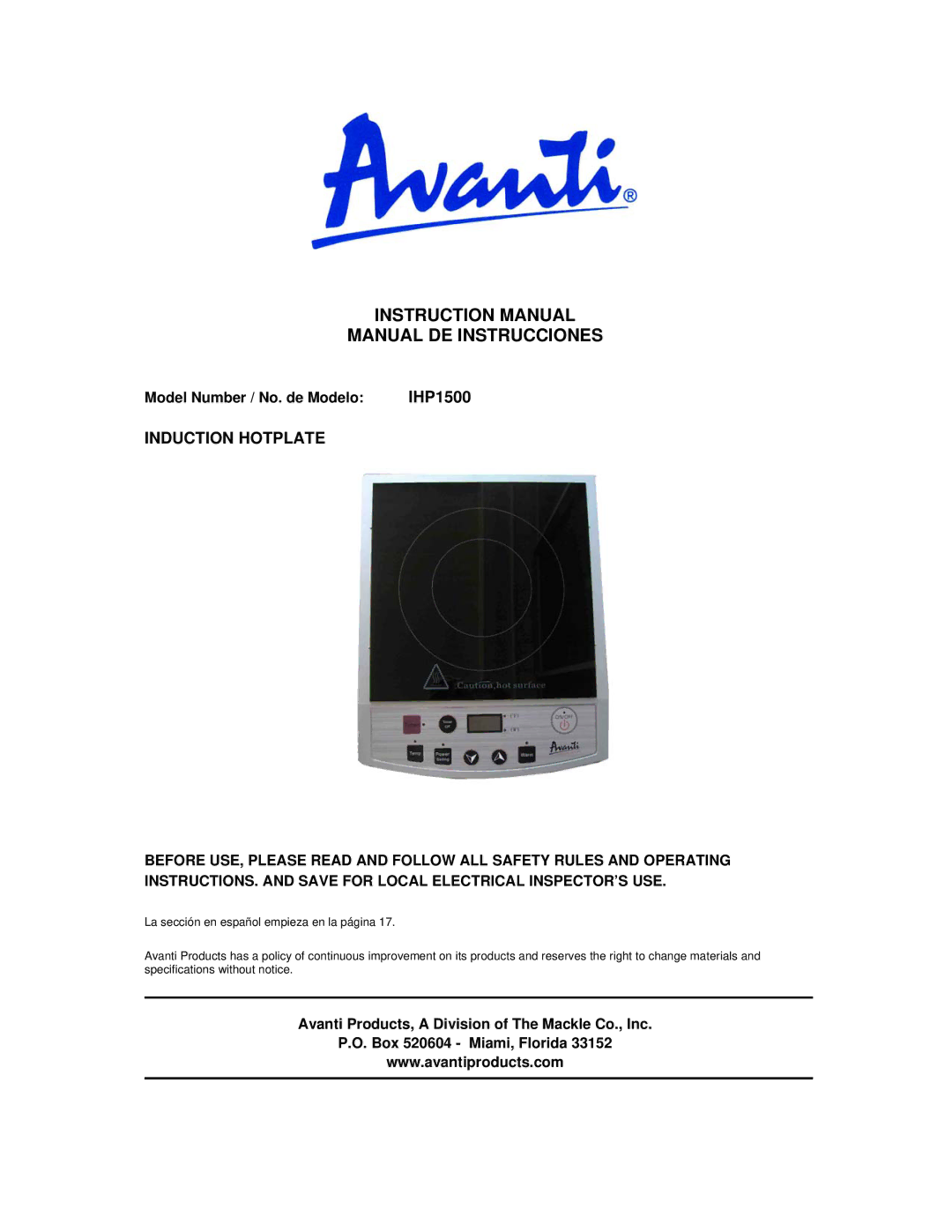 Avanti instruction manual Manual DE Instrucciones, Model Number / No. de Modelo IHP1500 