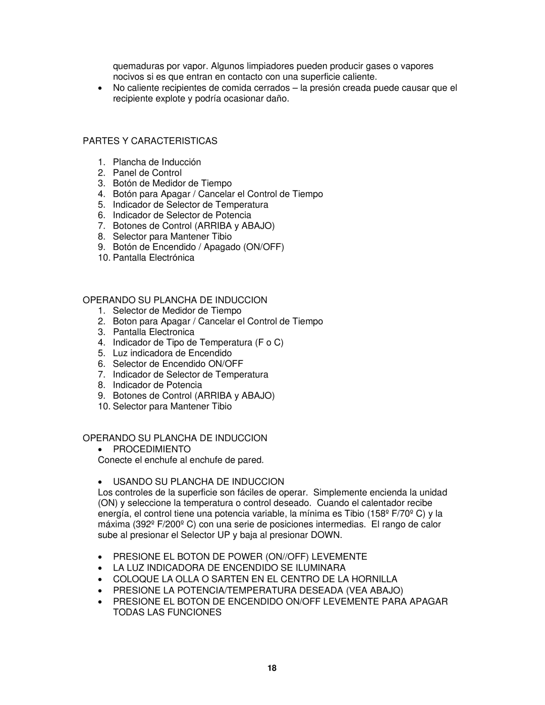 Avanti IHP1500 instruction manual Partes Y Caracteristicas, Operando SU Plancha DE Induccion Procedimiento 