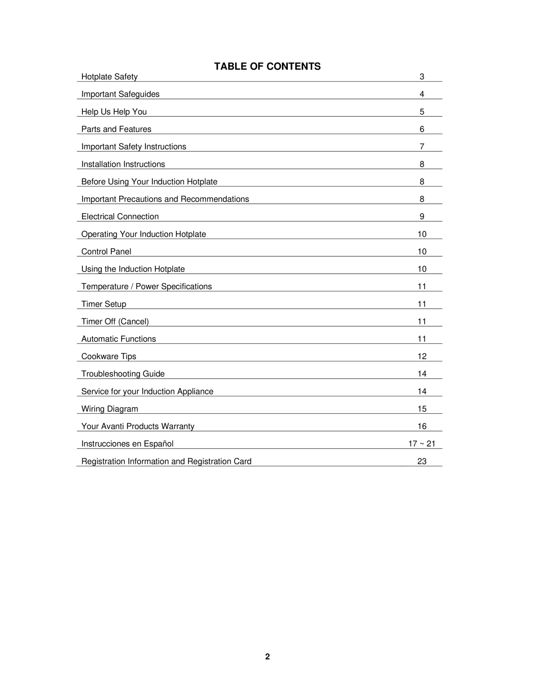 Avanti IHP1500 instruction manual Table of Contents 