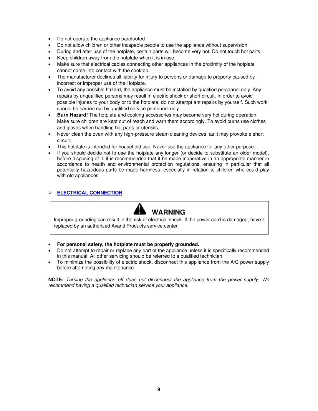 Avanti IHP1500 instruction manual ¾ Electrical Connection, For personal safety, the hotplate must be properly grounded 