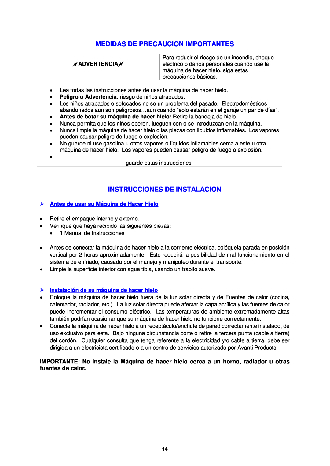 Avanti IM12-IS instruction manual Medidas De Precaucion Importantes, Instrucciones De Instalacion, Advertencia 