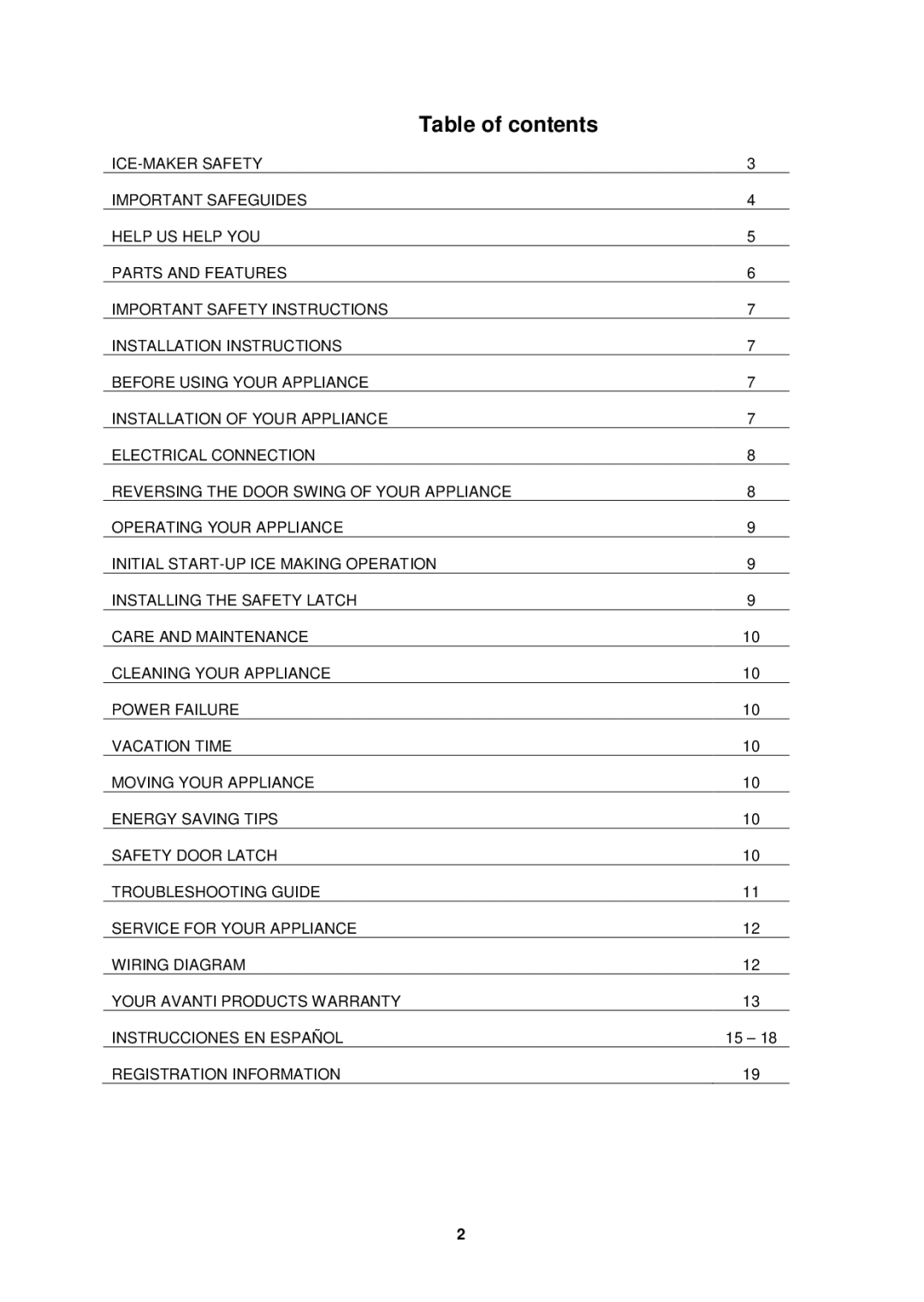 Avanti IM15SS instruction manual Table of contents 