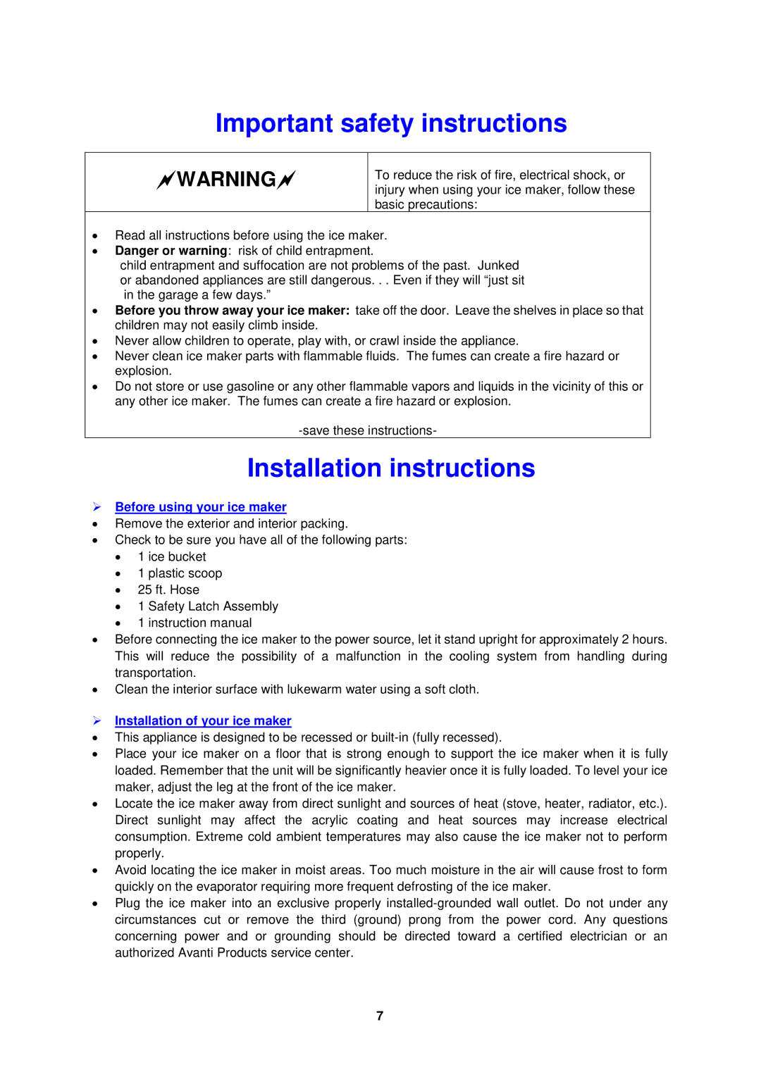 Avanti IM15SS instruction manual Important safety instructions, Installation instructions,  Before using your ice maker 