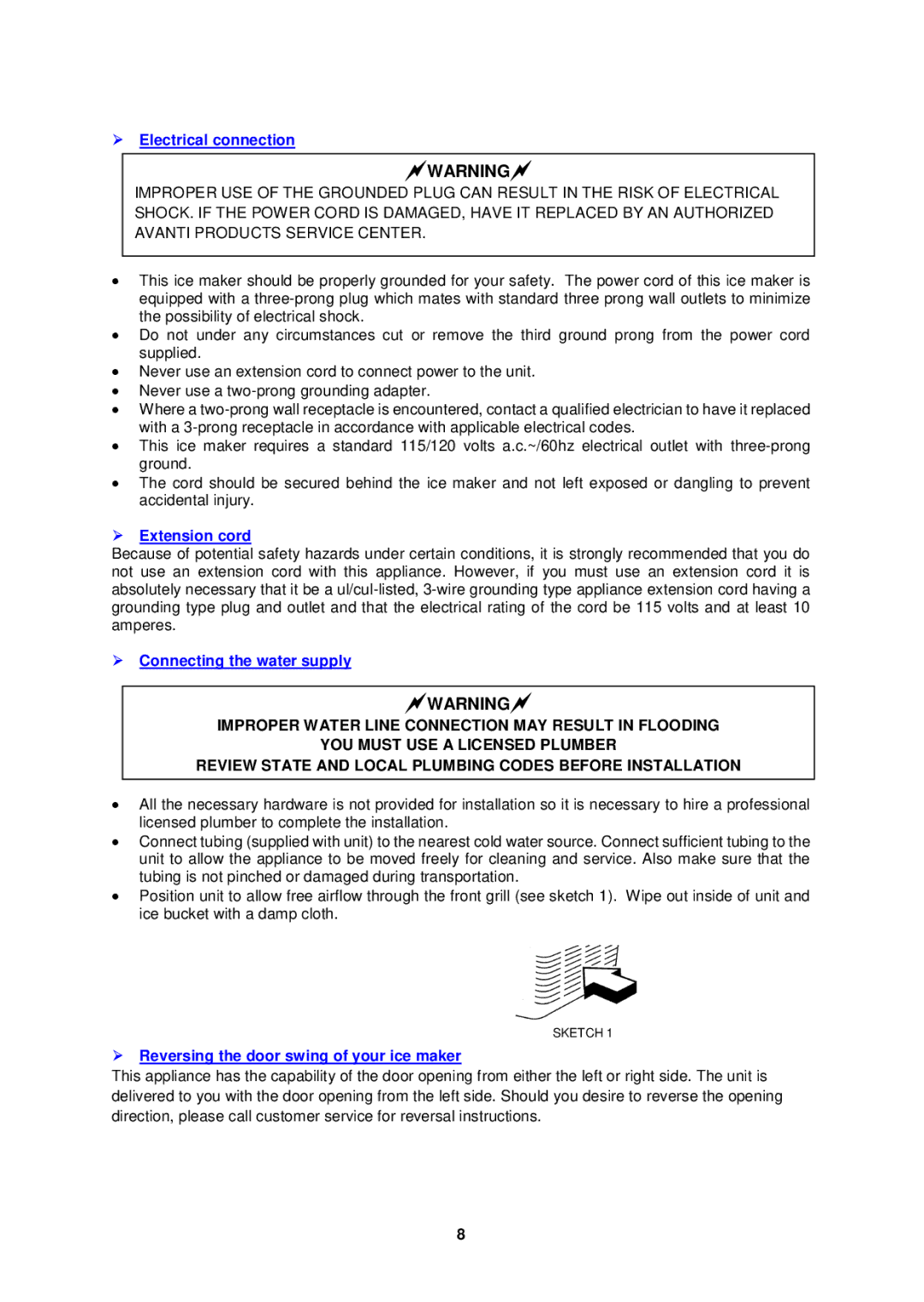 Avanti IM15SS instruction manual  Electrical connection,  Extension cord,  Connecting the water supply 