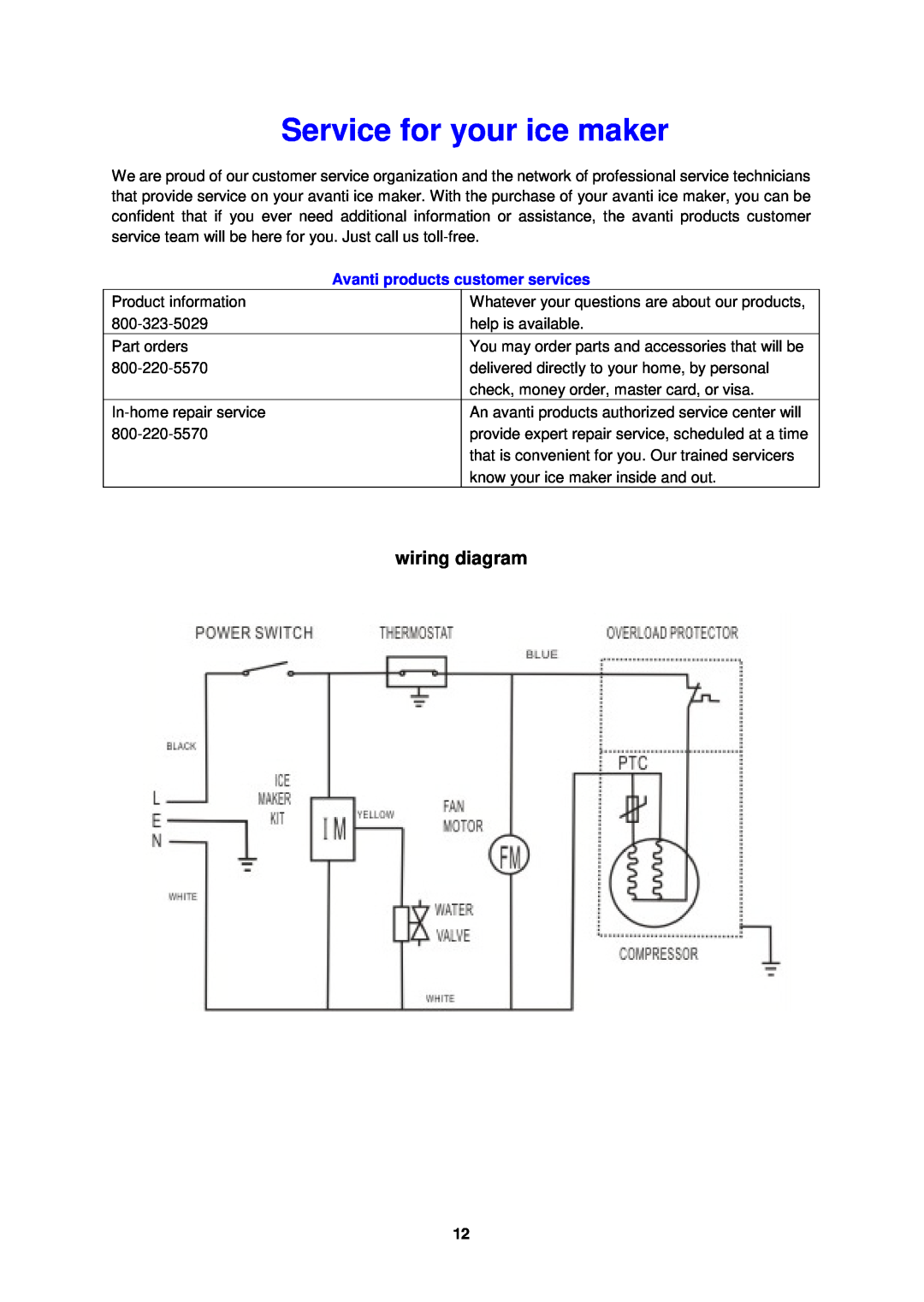 Avanti IM15SS instruction manual Service for your ice maker, wiring diagram, Avanti products customer services 