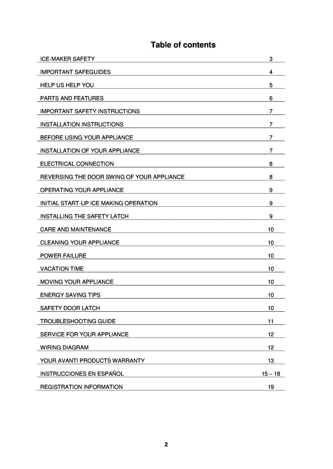Avanti IM15SS instruction manual Table of contents 