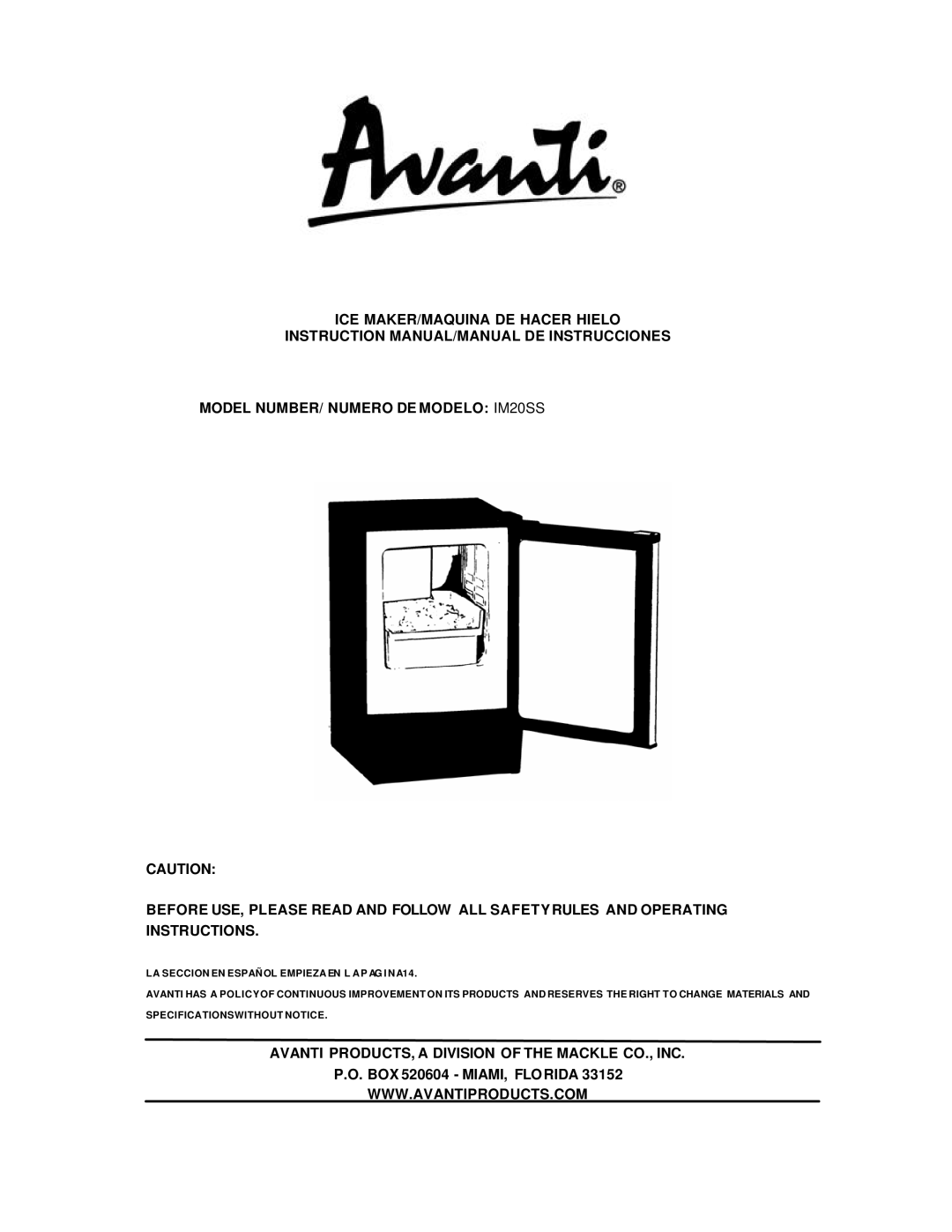 Avanti IM20SS instruction manual Avanti PRODUCTS, a Division of the Mackle CO., INC 