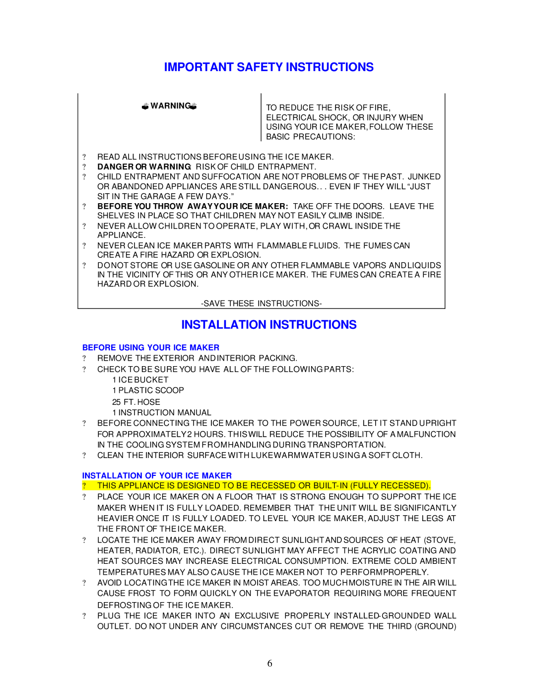 Avanti IM20SS Important Safety Instructions, Installation Instructions, ?Warning?, Before Using Your ICE Maker 