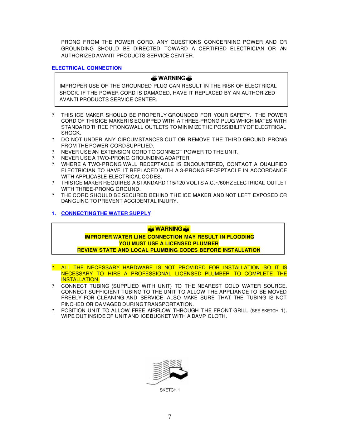 Avanti IM20SS instruction manual Electrical Connection, Connecting the Water Supply 