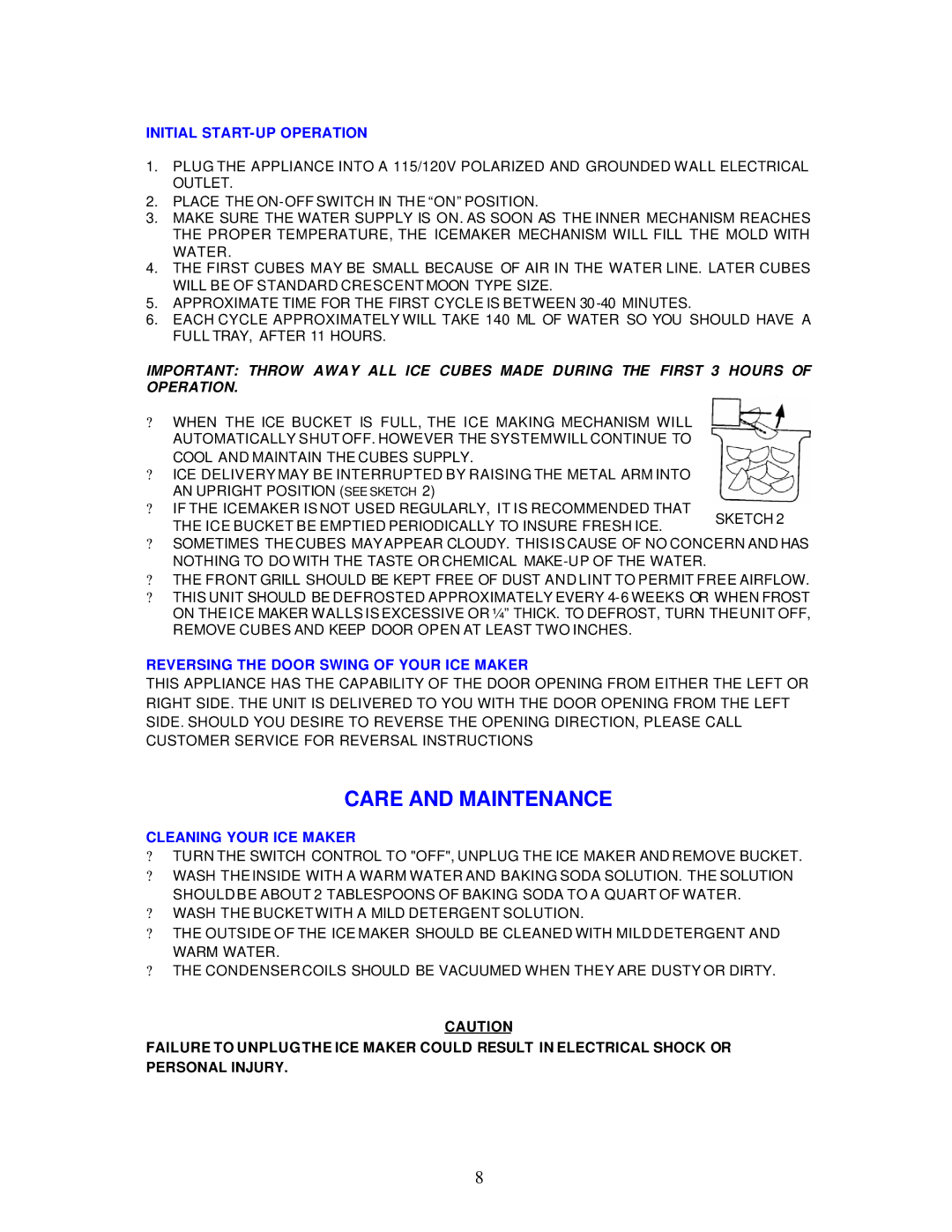 Avanti IM20SS Care and Maintenance, Initial START-UP Operation, Reversing the Door Swing of Your ICE Maker 