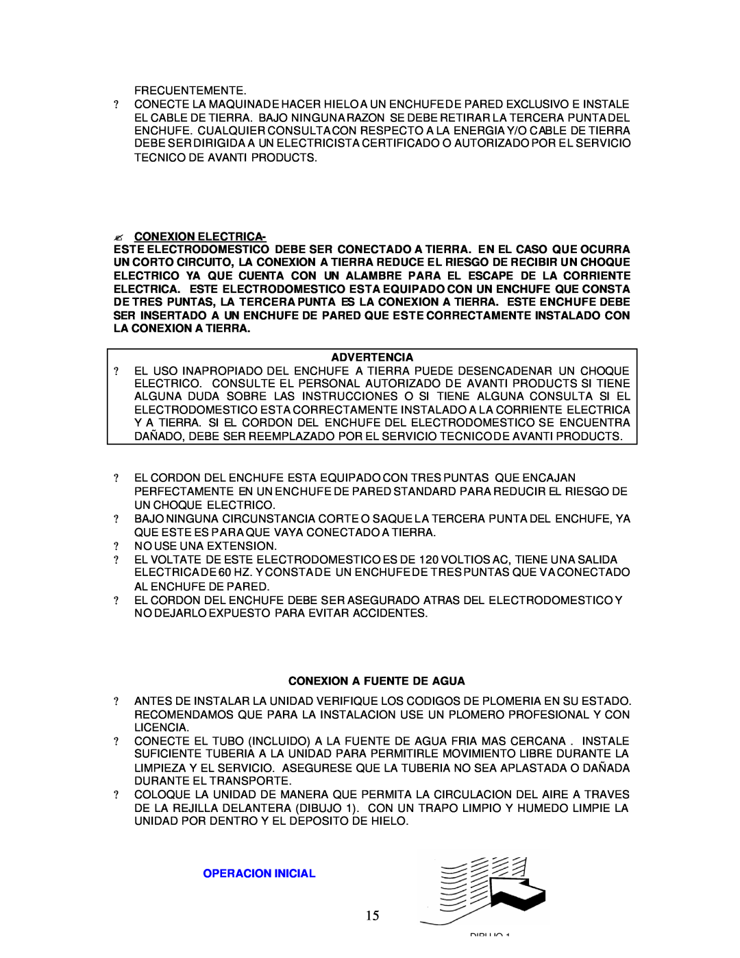 Avanti IM20SS instruction manual ?Conexion Electrica, Advertencia, Conexion A Fuente De Agua, Operacion Inicial 