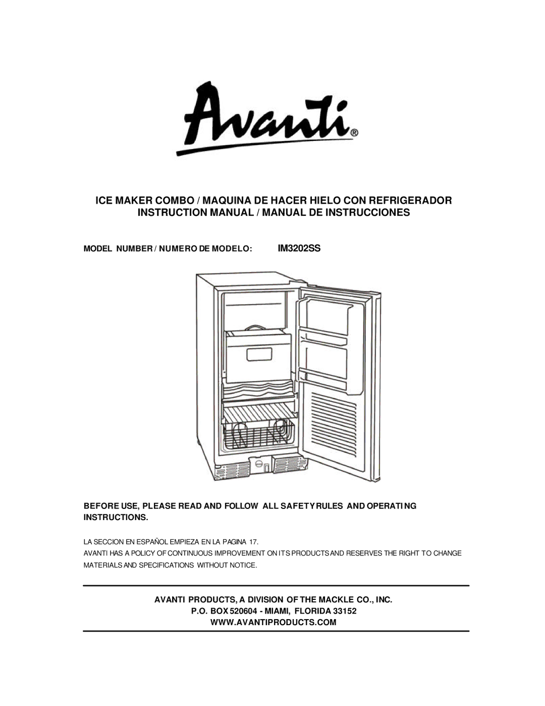 Avanti IM320299 instruction manual ICE Maker Combo / Maquina DE Hacer Hielo CON Refrigerador 