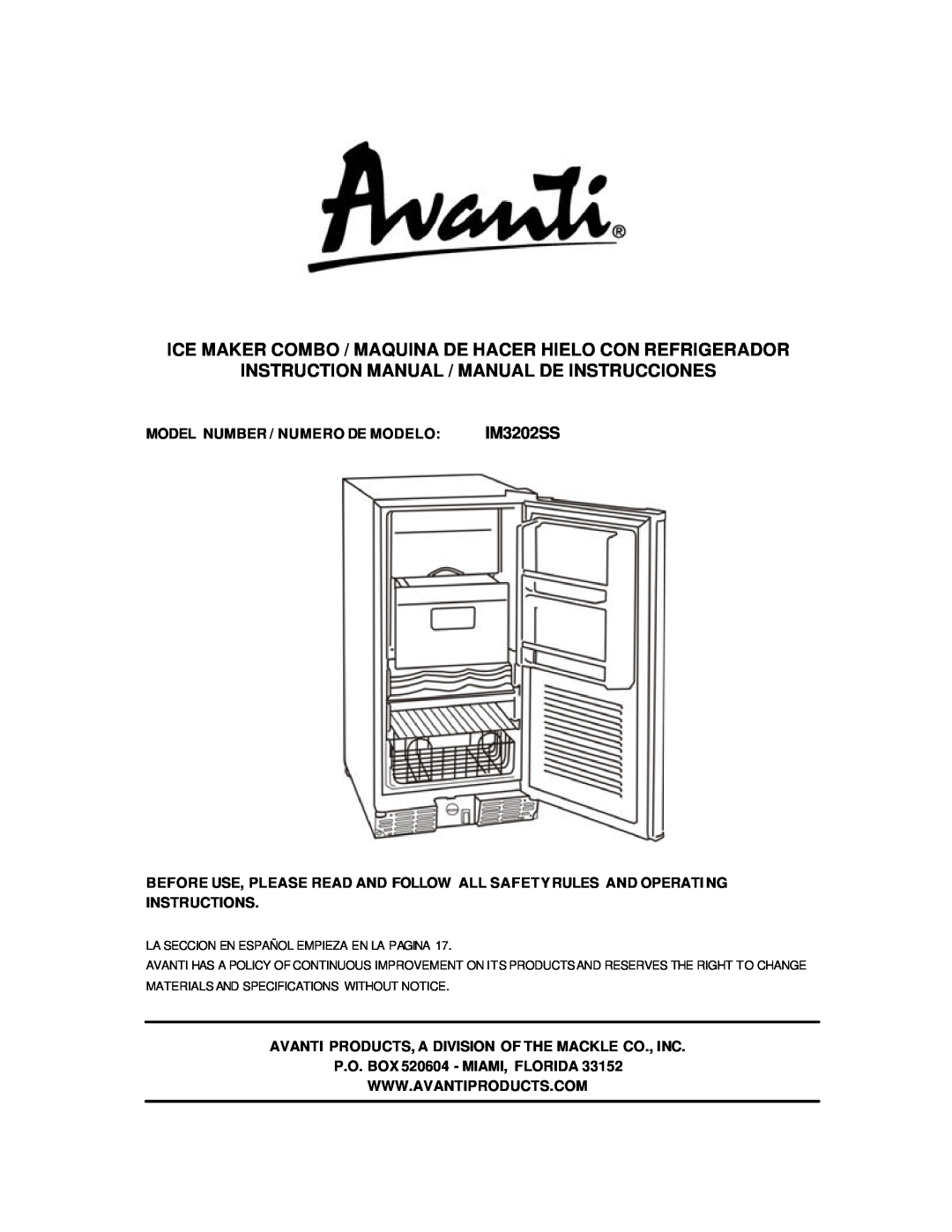 Avanti IM320299 instruction manual Instruction Manual / Manual De Instrucciones, Model Number / Numero De Modelo, IM3202SS 