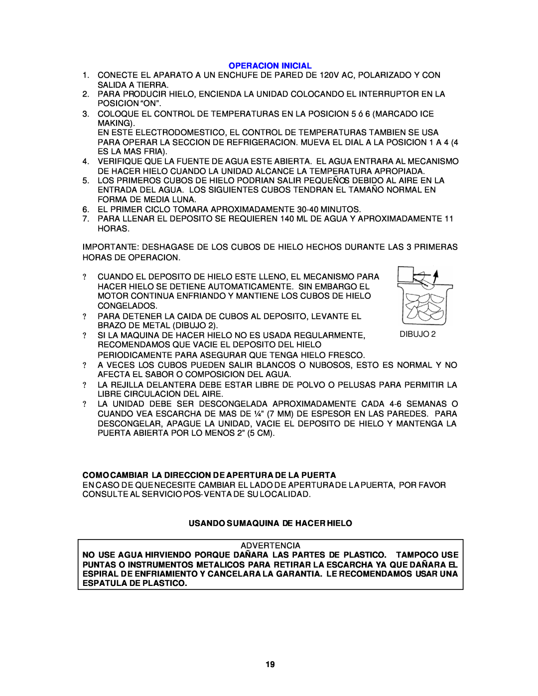 Avanti IM320299 instruction manual Operacion Inicial, Usando Sumaquina De Hacer Hielo 