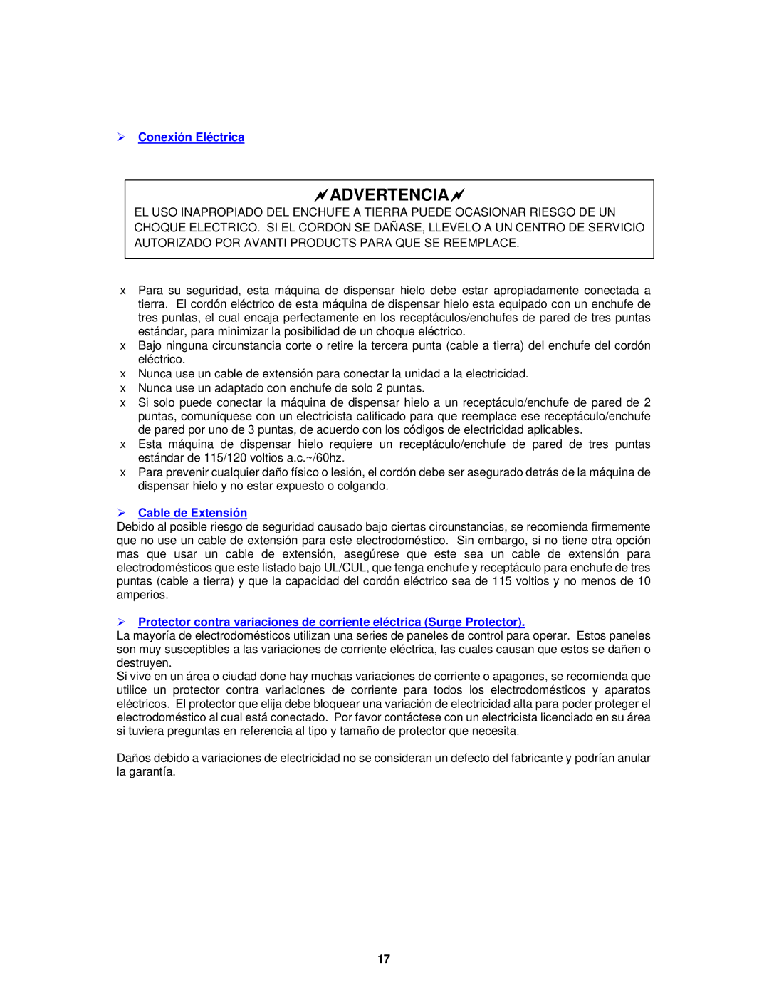 Avanti IMD250 instruction manual  Conexión Eléctrica,  Cable de Extensión 