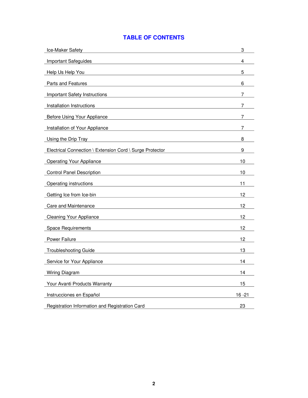 Avanti IMD250 instruction manual Table of Contents 