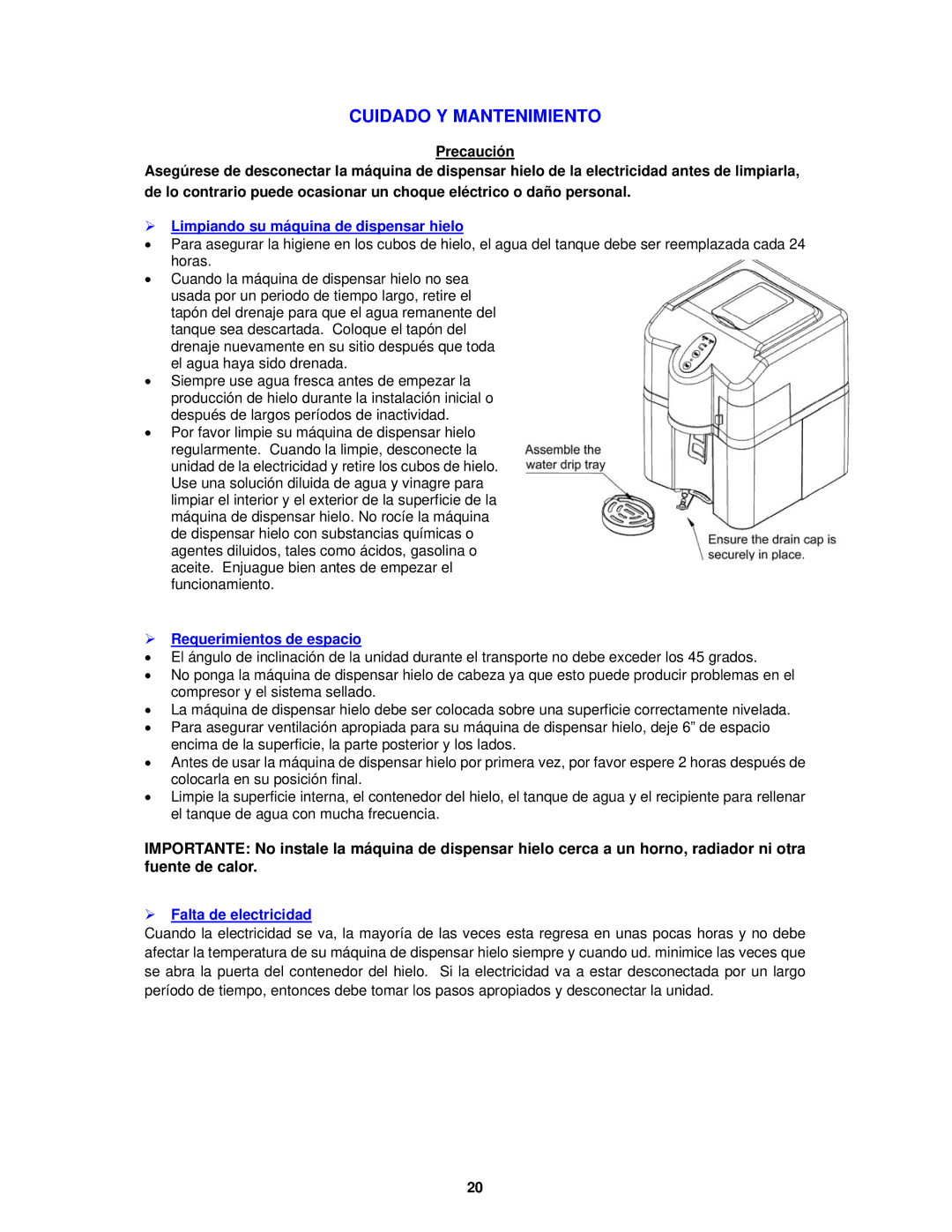 Avanti IMD250 Cuidado Y Mantenimiento,  Limpiando su máquina de dispensar hielo,  Requerimientos de espacio 