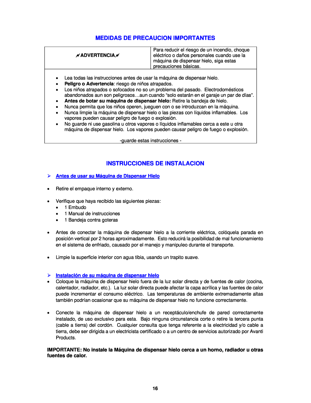 Avanti IMD250 instruction manual Medidas De Precaucion Importantes, Instrucciones De Instalacion, Advertencia 