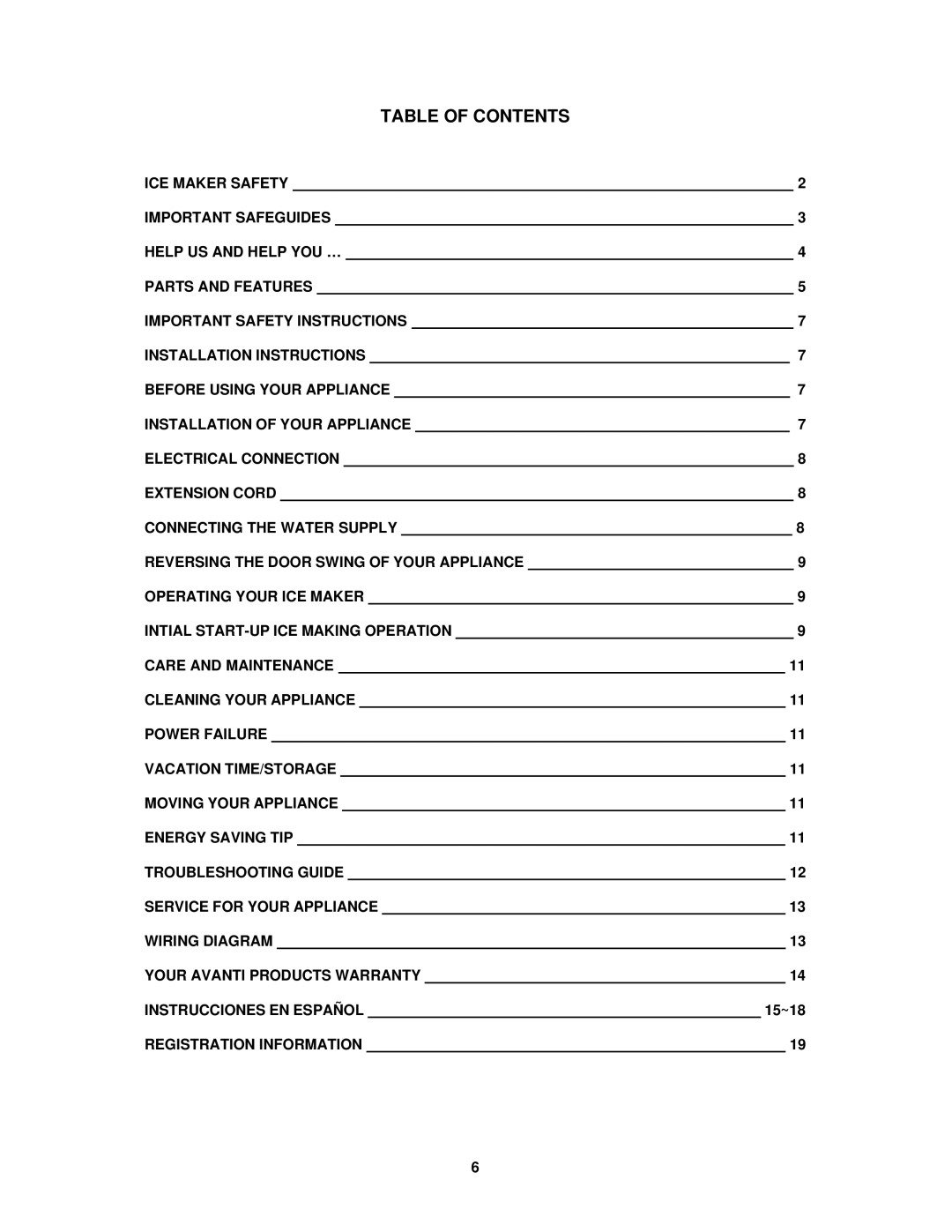 Avanti IMR28SS instruction manual Table of Contents 