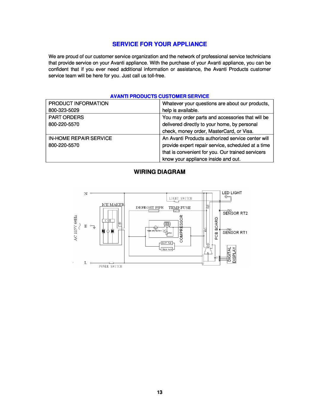 Avanti IMR28SS instruction manual Service For Your Appliance, Wiring Diagram 