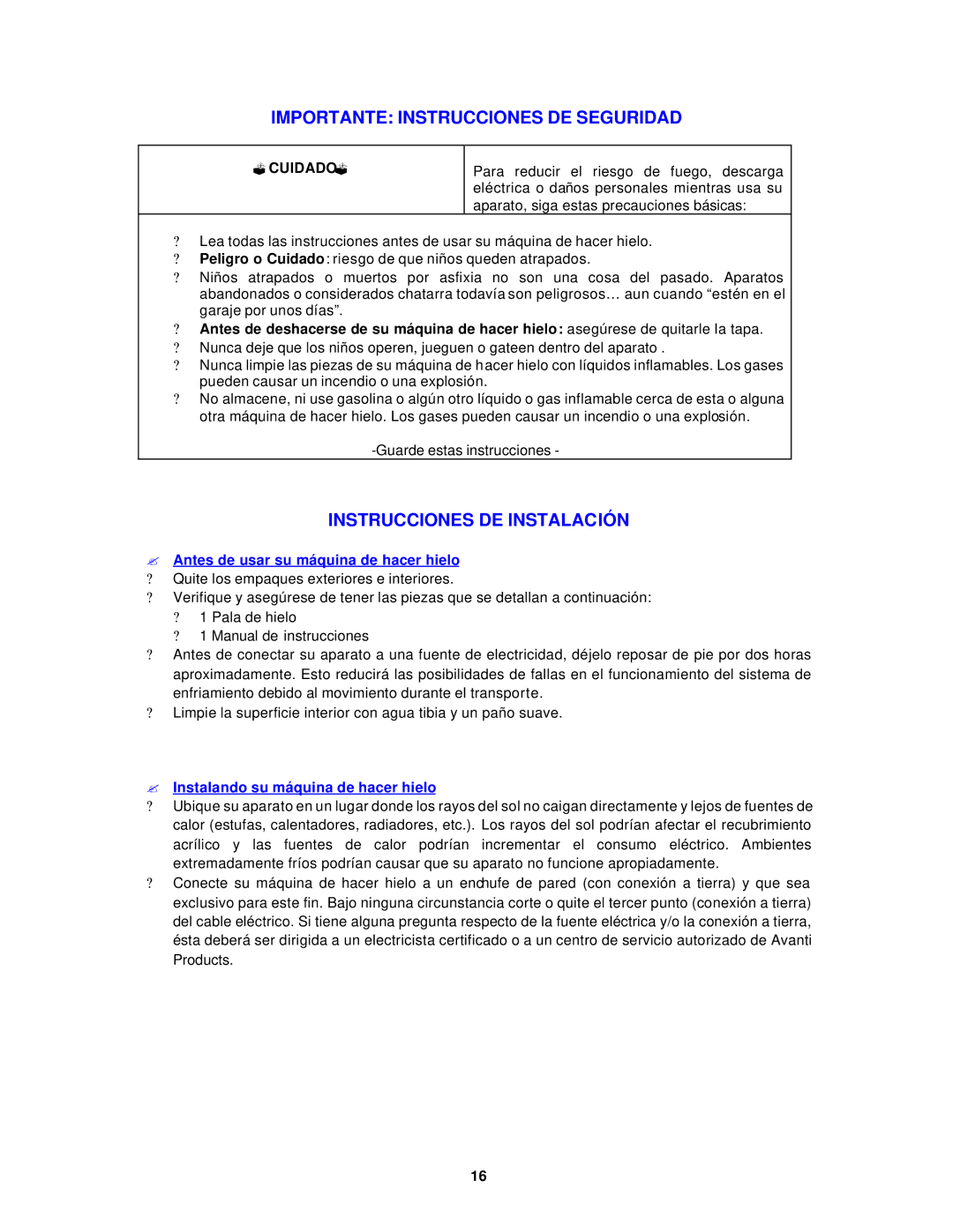 Avanti IMW24, IMP25 instruction manual Importante Instrucciones DE Seguridad, Instrucciones DE Instalación, ?Cuidado? 