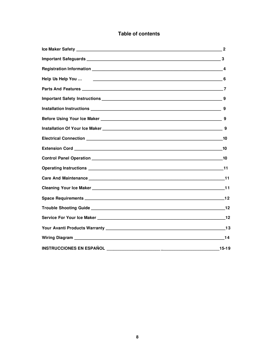 Avanti IMW24, IMP25 instruction manual Table of contents 