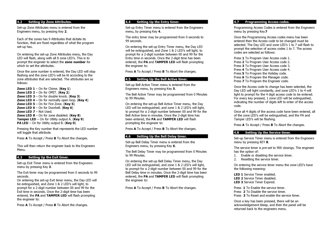 Avanti K-600HW Setting Up Zone Attributes, Setting Up the Exit timer, Setting Up the Entry timer, Programming Access codes 