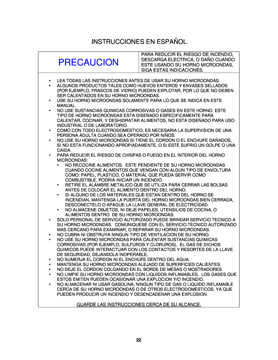Avanti M01250TW, MO1250TW specifications Instrucciones En Español, Precaucion 