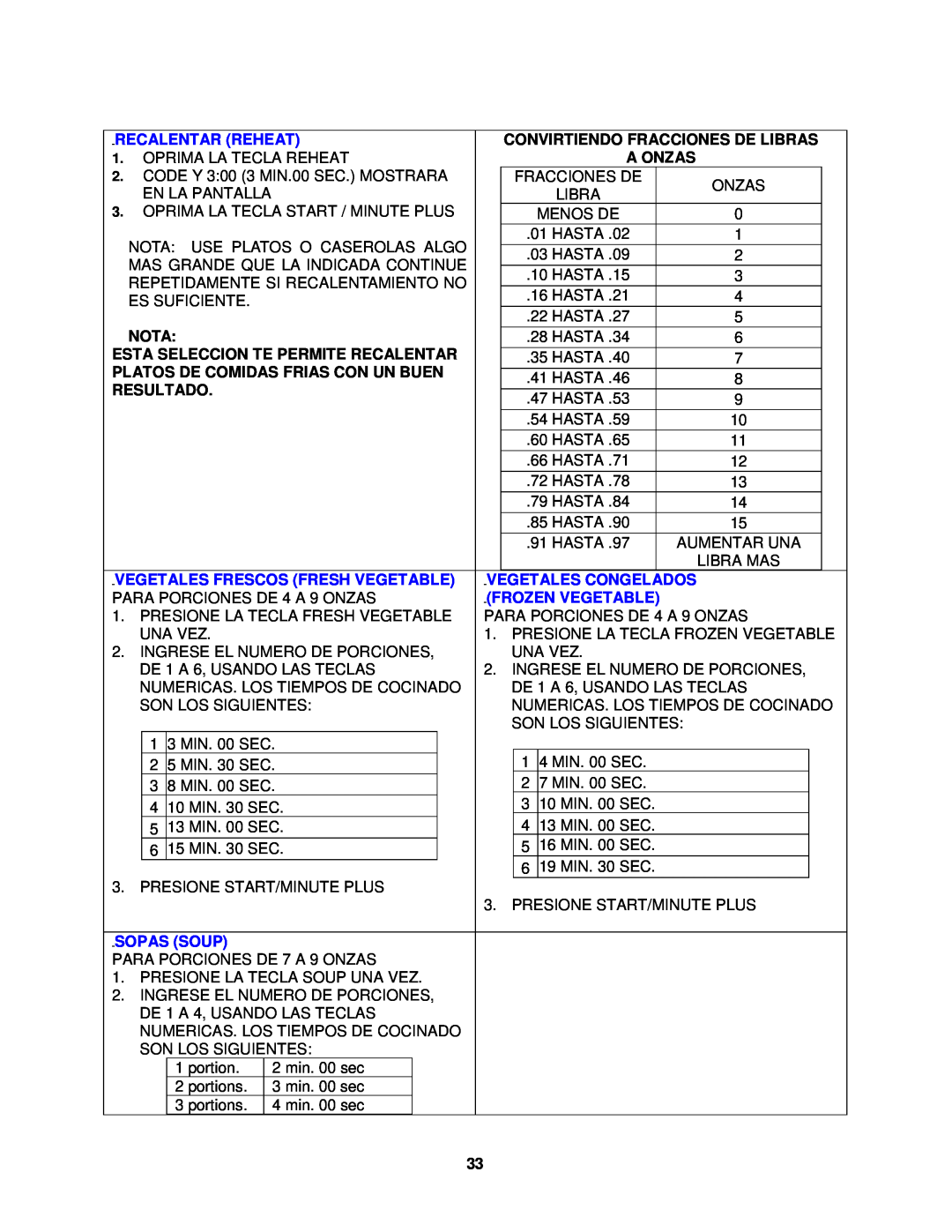 Avanti MO1250TW Recalentar Reheat, Convirtiendo Fracciones De Libras, A Onzas, Nota, Esta Seleccion Te Permite Recalentar 