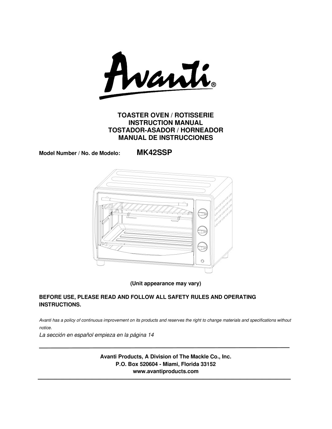 Avanti MK42SSP instruction manual Model Number / No. de Modelo, Unit appearance may vary 