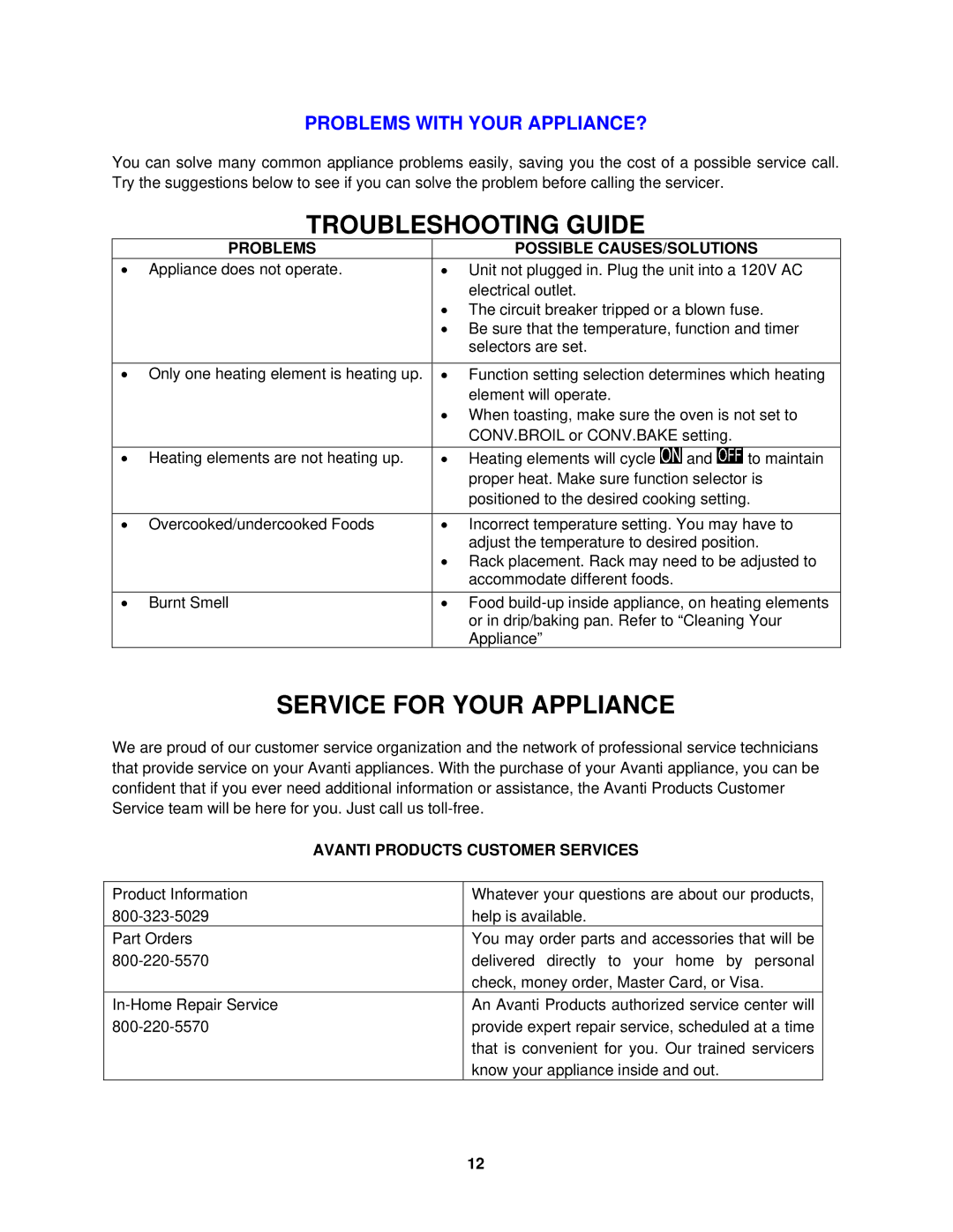 Avanti MK42SSP instruction manual Troubleshooting Guide, Service for Your Appliance, Problems Possible CAUSES/SOLUTIONS 