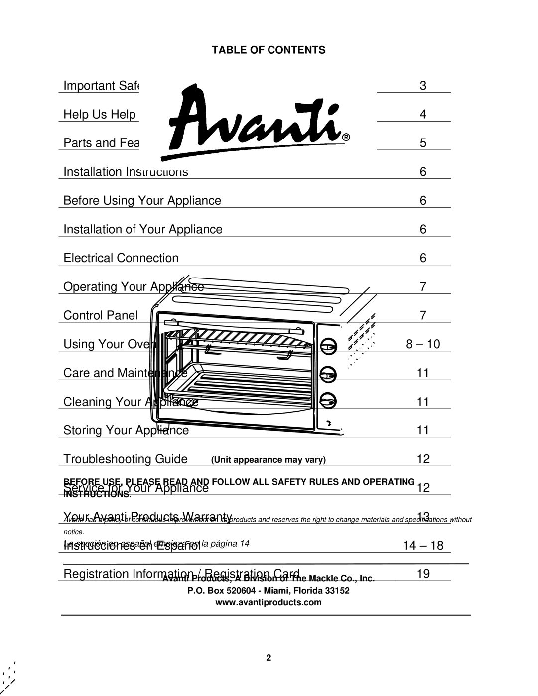 Avanti MK42SSP instruction manual Table of Contents 