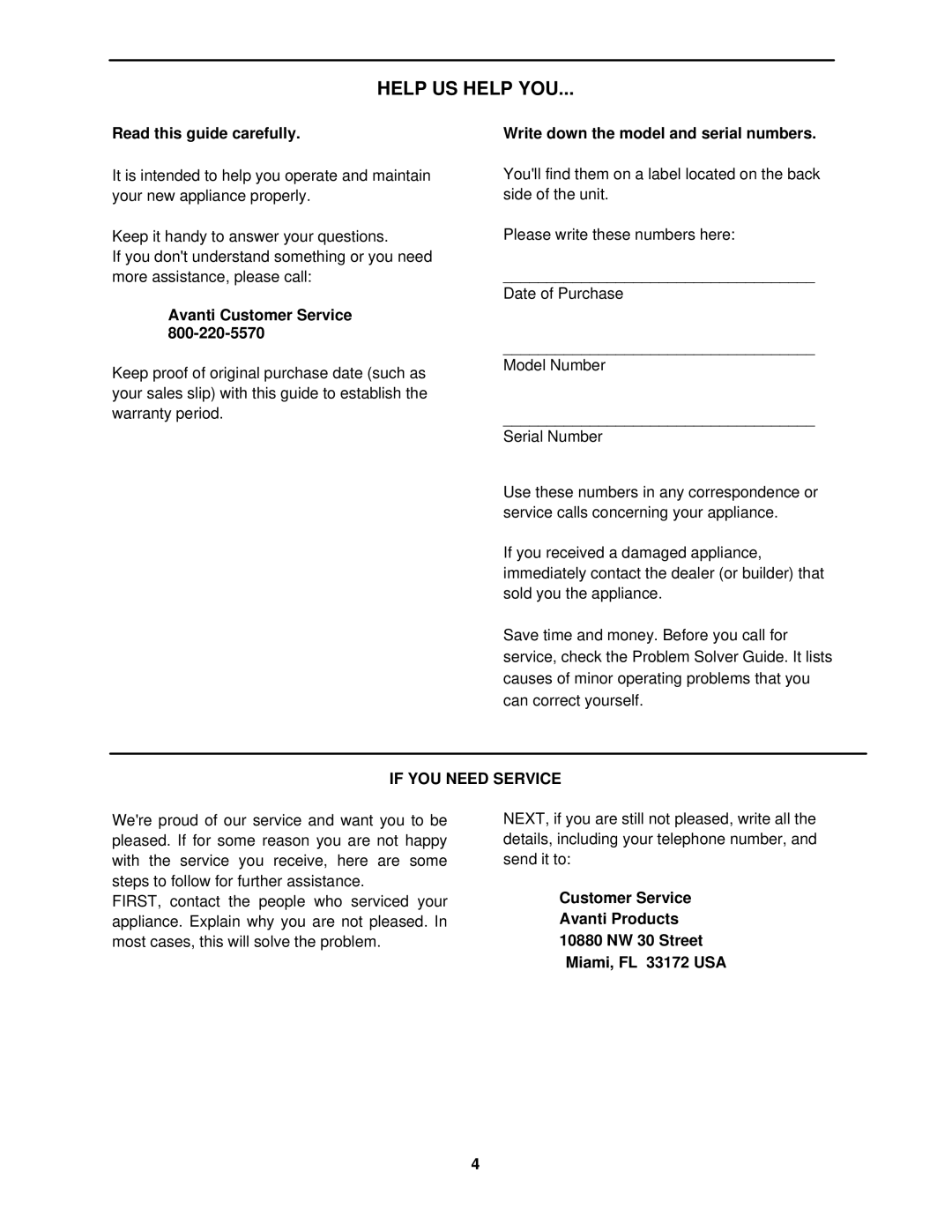 Avanti MK42SSP Read this guide carefully, Avanti Customer Service, Write down the model and serial numbers 