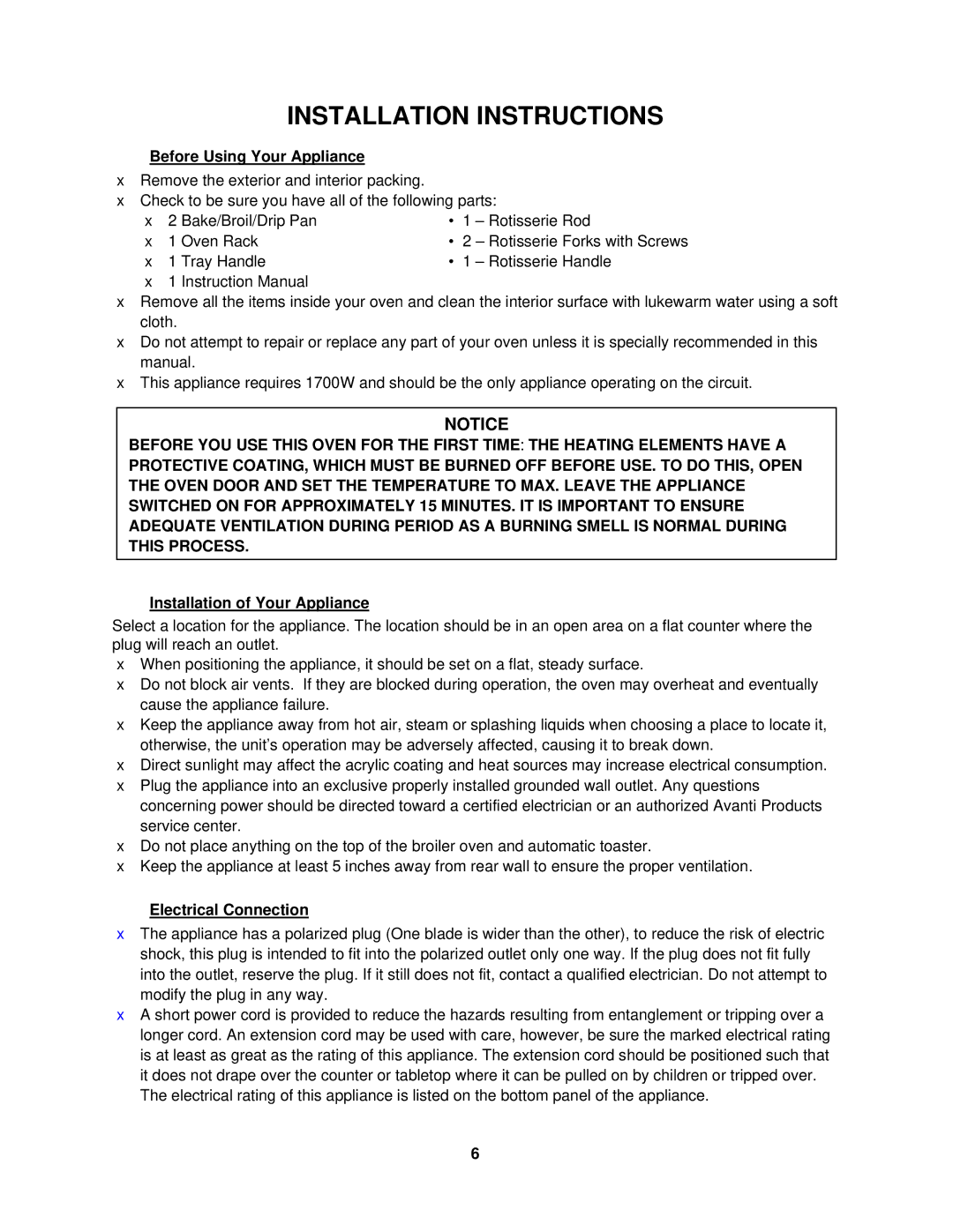 Avanti MK42SSP Installation Instructions,  Before Using Your Appliance,  Installation of Your Appliance 