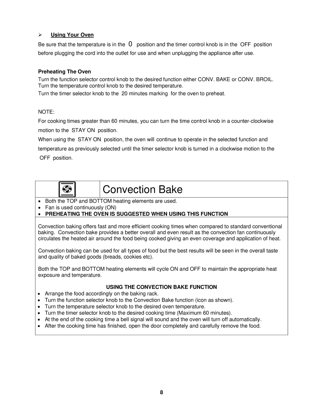 Avanti MK42SSP instruction manual  Using Your Oven, Preheating The Oven, Using the Convection Bake Function 