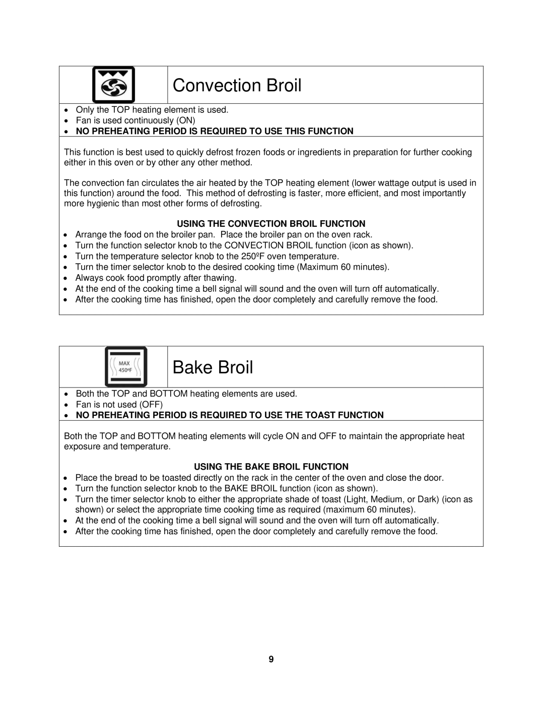 Avanti MK42SSP instruction manual Convection Broil, Bake Broil, ∙ no Preheating Period is Required to USE this Function 