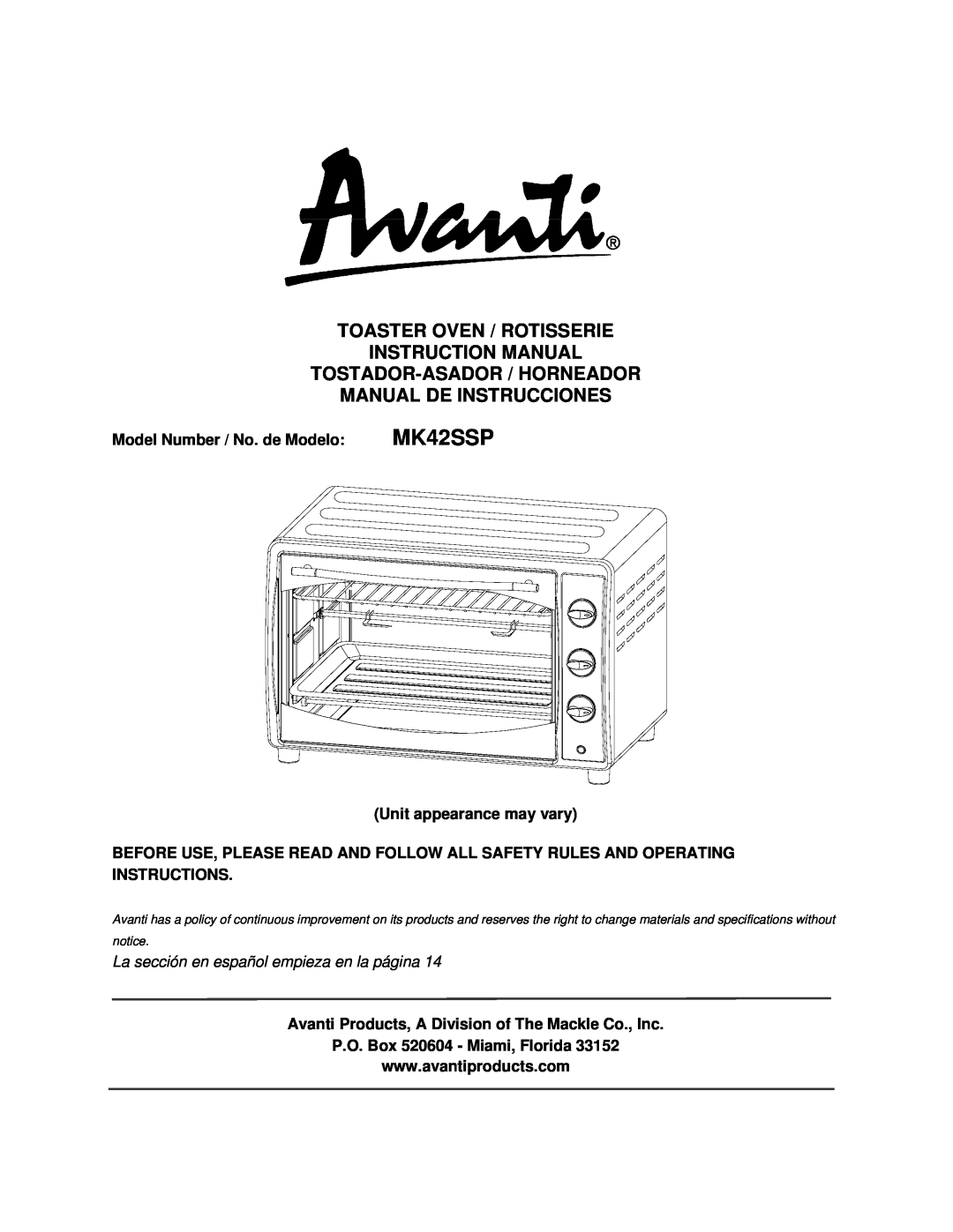 Avanti MK42SSP instruction manual Model Number / No. de Modelo, Unit appearance may vary, P.O. Box 520604 - Miami, Florida 
