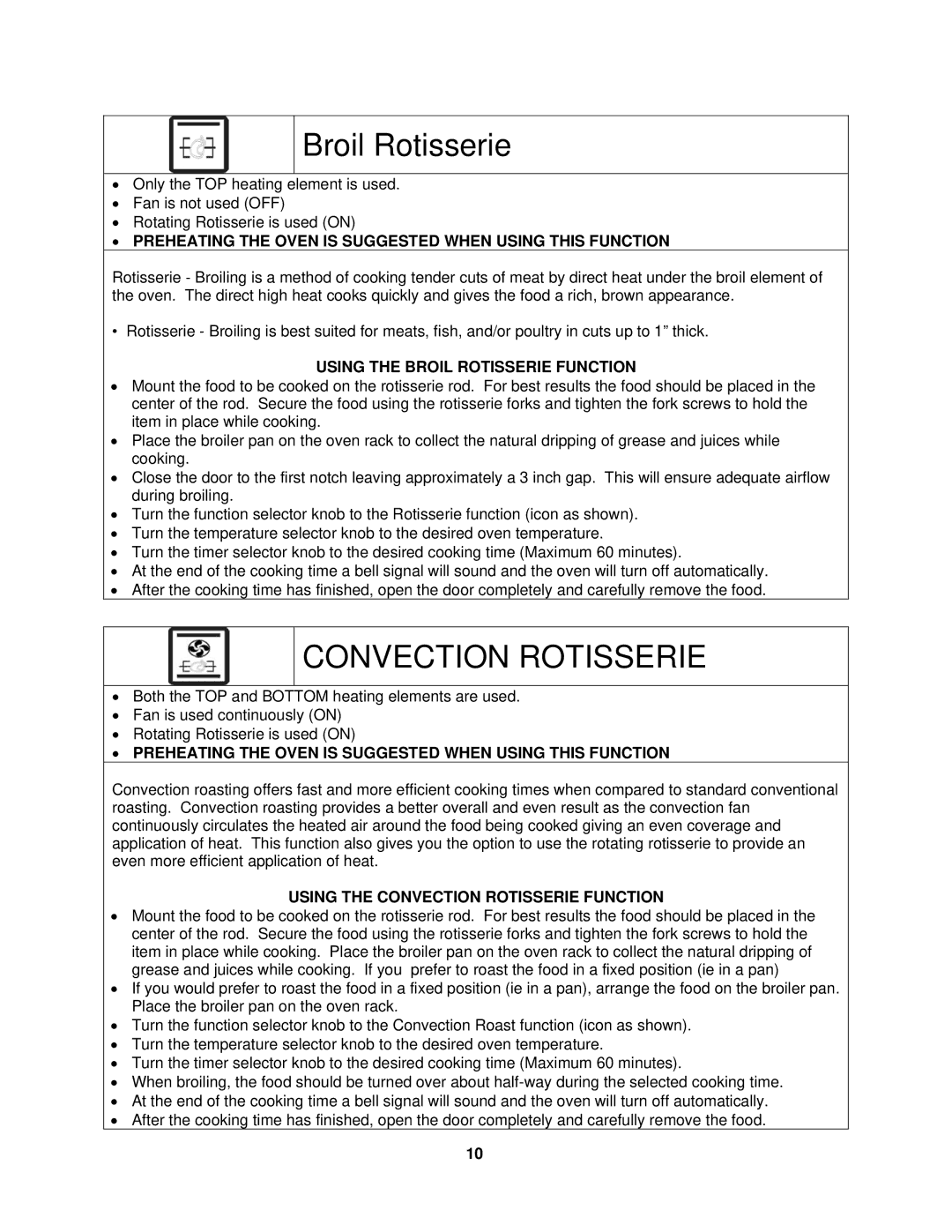 Avanti MKB42B instruction manual Using the Broil Rotisserie Function, Using the Convection Rotisserie Function 