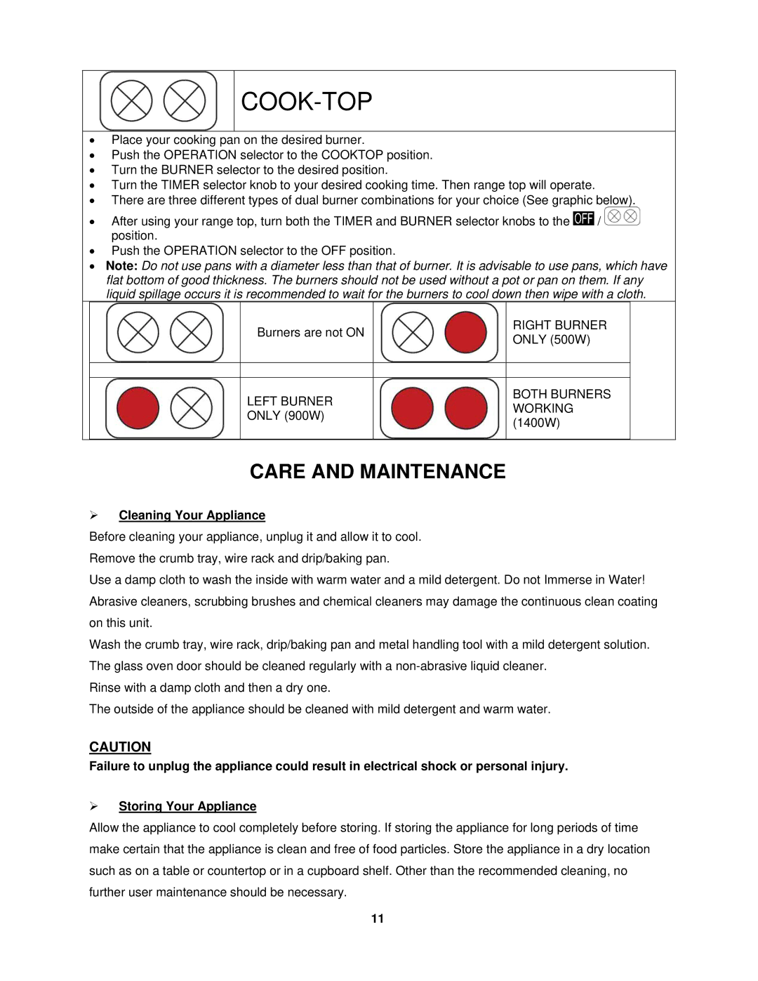 Avanti MKB42B instruction manual Cook-Top, Care and Maintenance,  Cleaning Your Appliance 