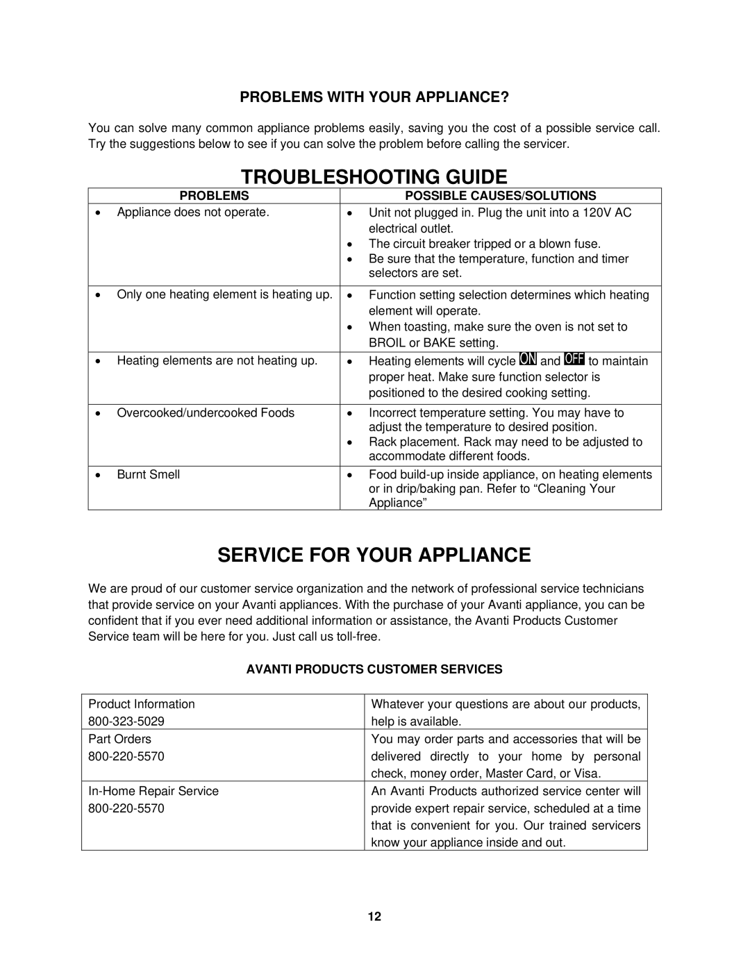 Avanti MKB42B instruction manual Troubleshooting Guide, Service for Your Appliance, Problems with Your APPLIANCE? 