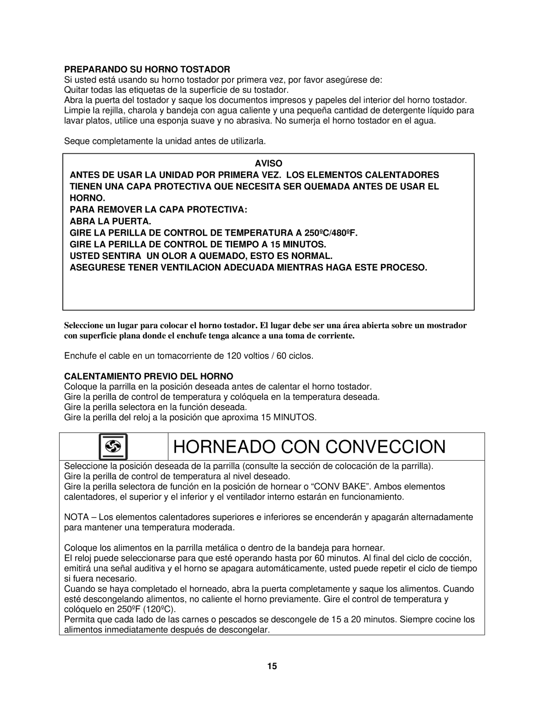 Avanti MKB42B instruction manual Horneado CON Conveccion, Preparando SU Horno Tostador, Calentamiento Previo DEL Horno 