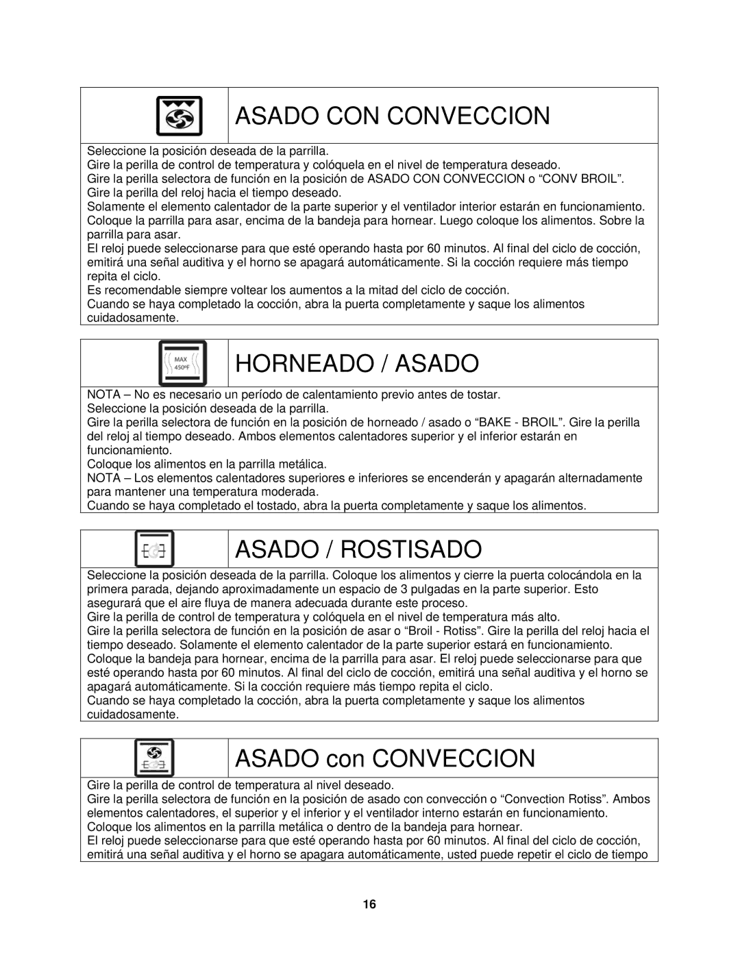 Avanti MKB42B instruction manual Asado CON Conveccion, Horneado / Asado, Asado / Rostisado, Asado con Conveccion 