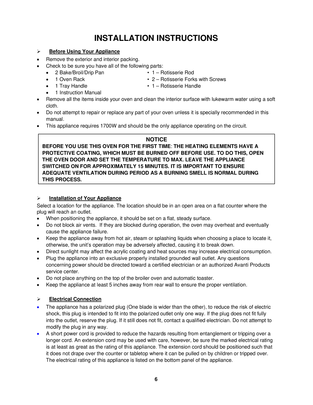 Avanti MKB42B instruction manual Installation Instructions,  Before Using Your Appliance,  Installation of Your Appliance 