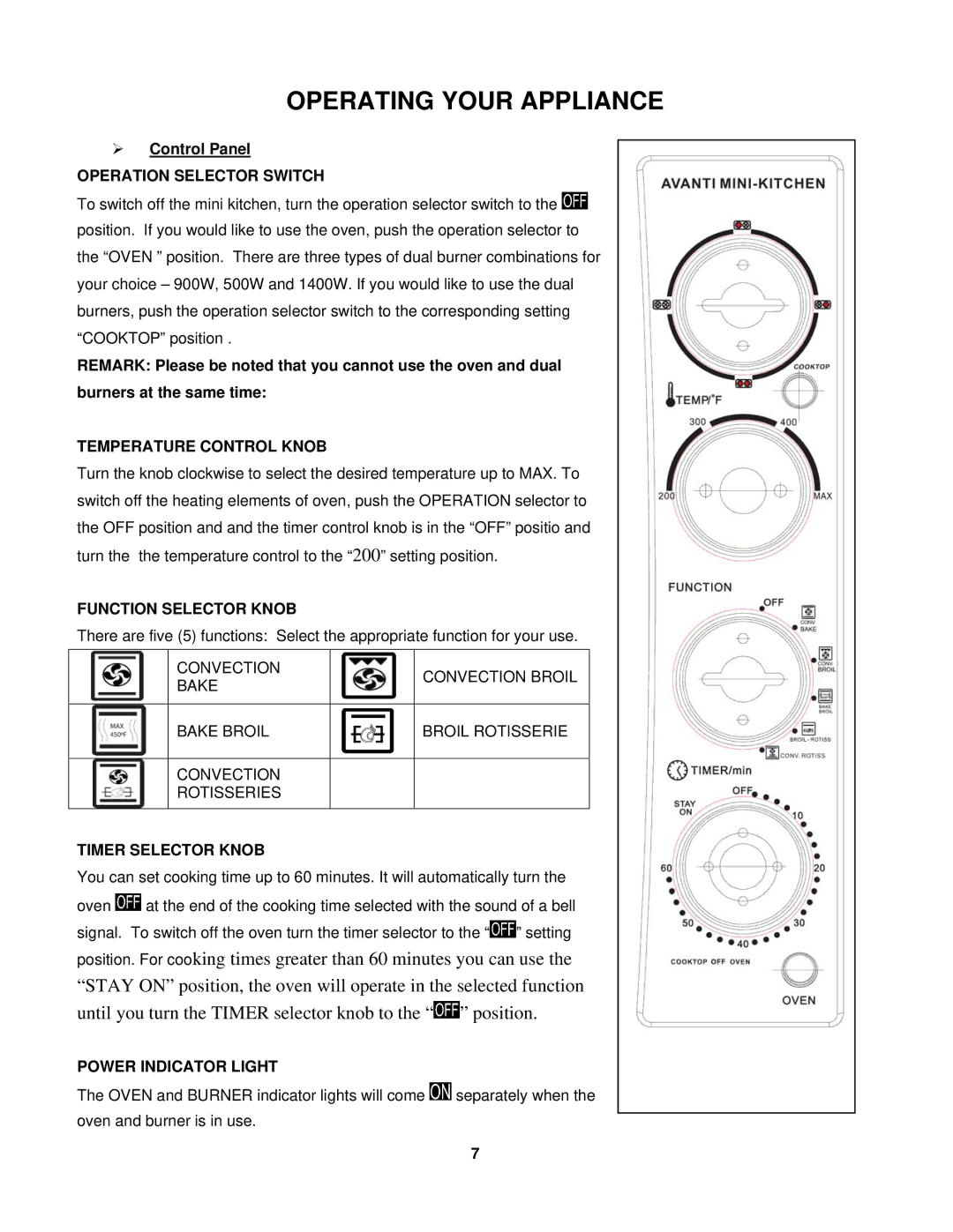 Avanti MKB42B instruction manual Operating Your Appliance 