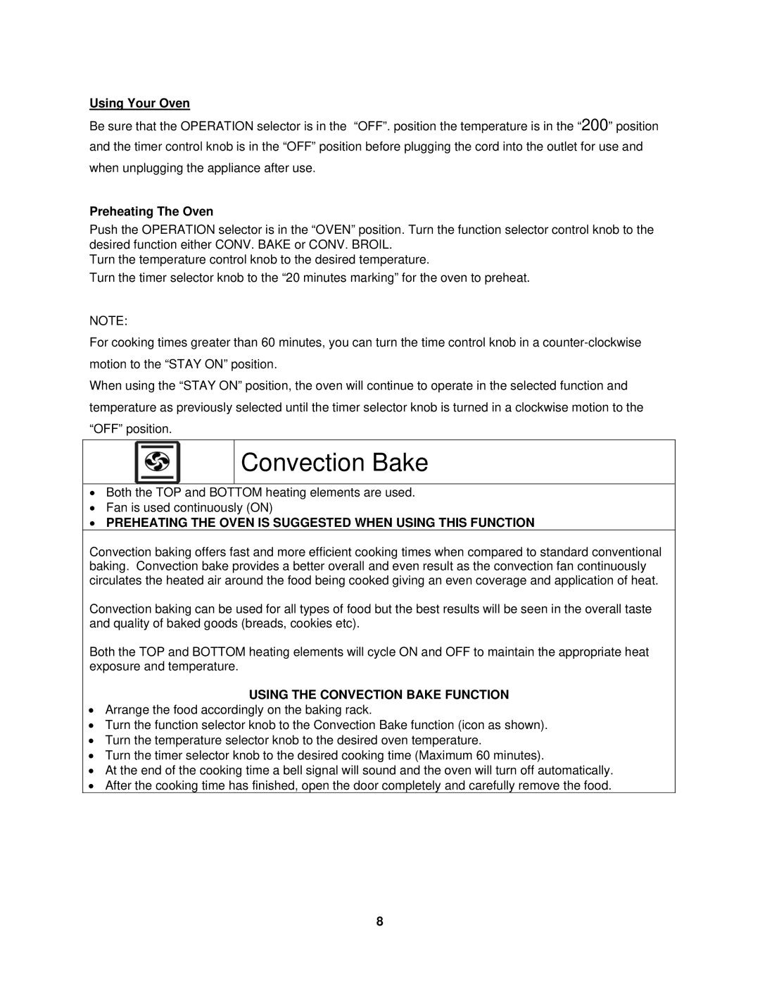 Avanti MKB42B instruction manual Using Your Oven, Preheating The Oven, Using the Convection Bake Function 