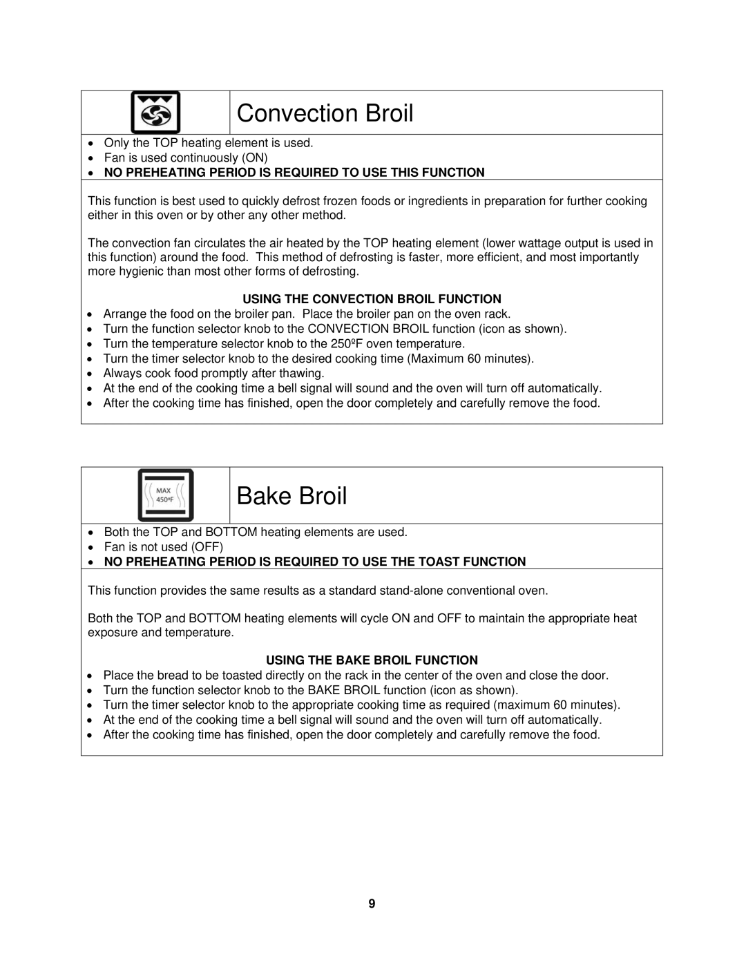 Avanti MKB42B instruction manual Convection Broil, Bake Broil, ∙ no Preheating Period is Required to USE this Function 