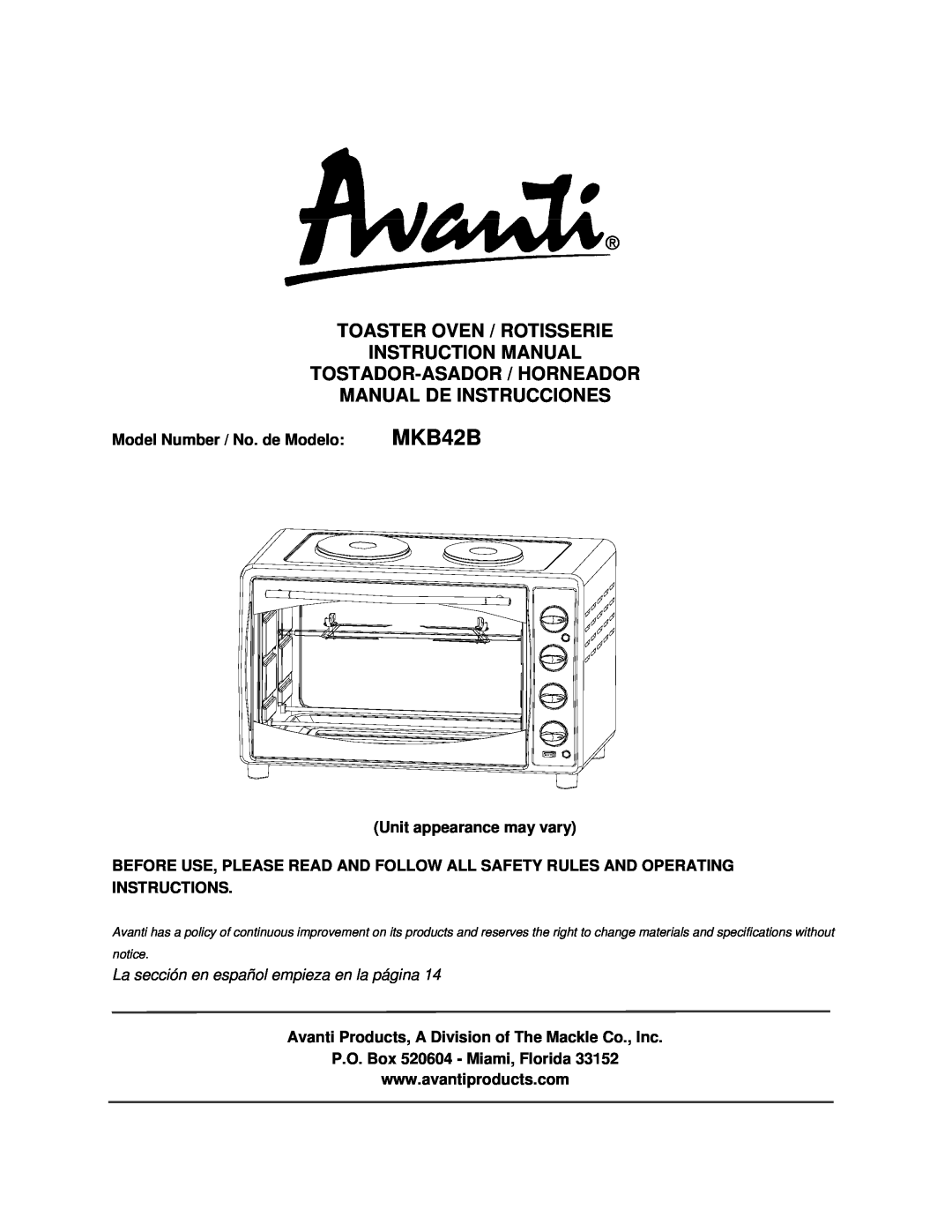 Avanti MKB42B instruction manual Model Number / No. de Modelo, Unit appearance may vary, P.O. Box 520604 - Miami, Florida 