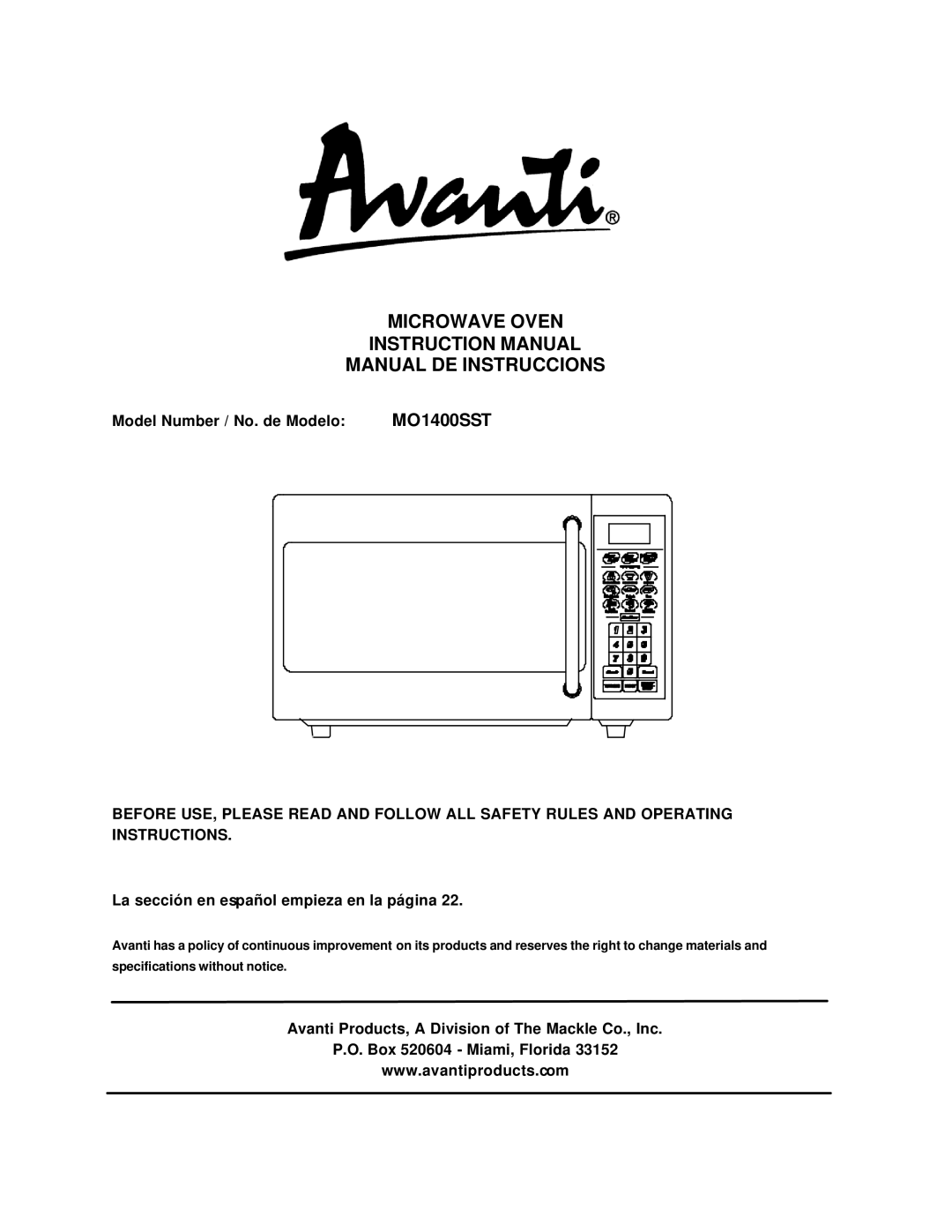 Avanti MO1400SST instruction manual Model Number / No. de Modelo, La sección en español empieza en la página 