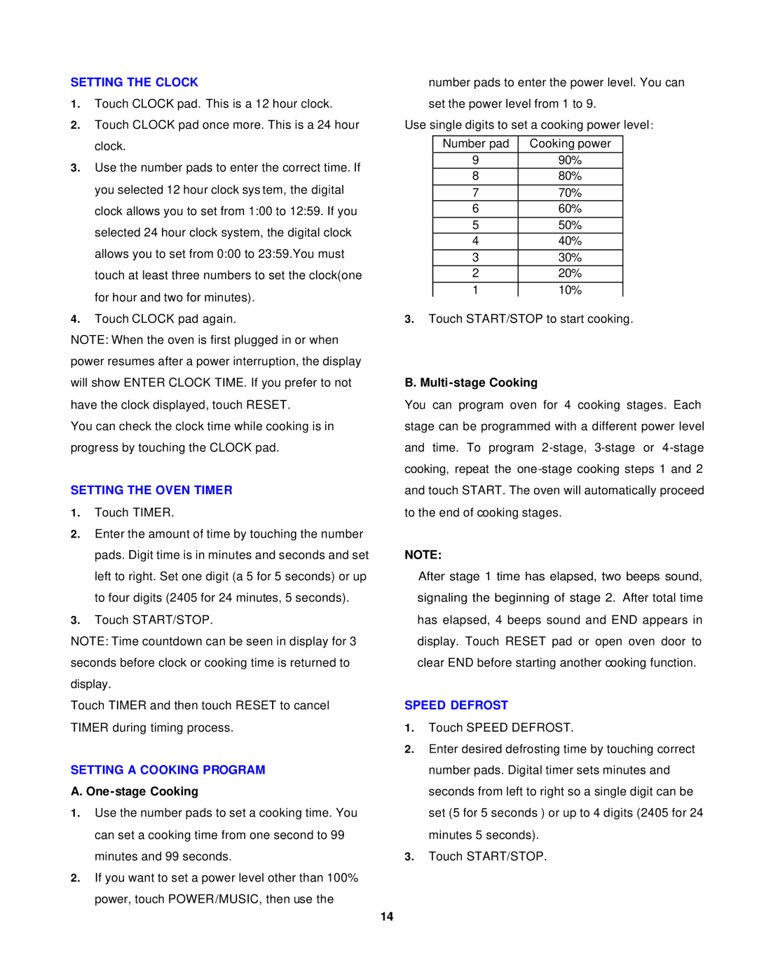 Avanti MO1400SST instruction manual Setting the Clock, Setting the Oven Timer, Setting a Cooking Program, One-stage Cooking 